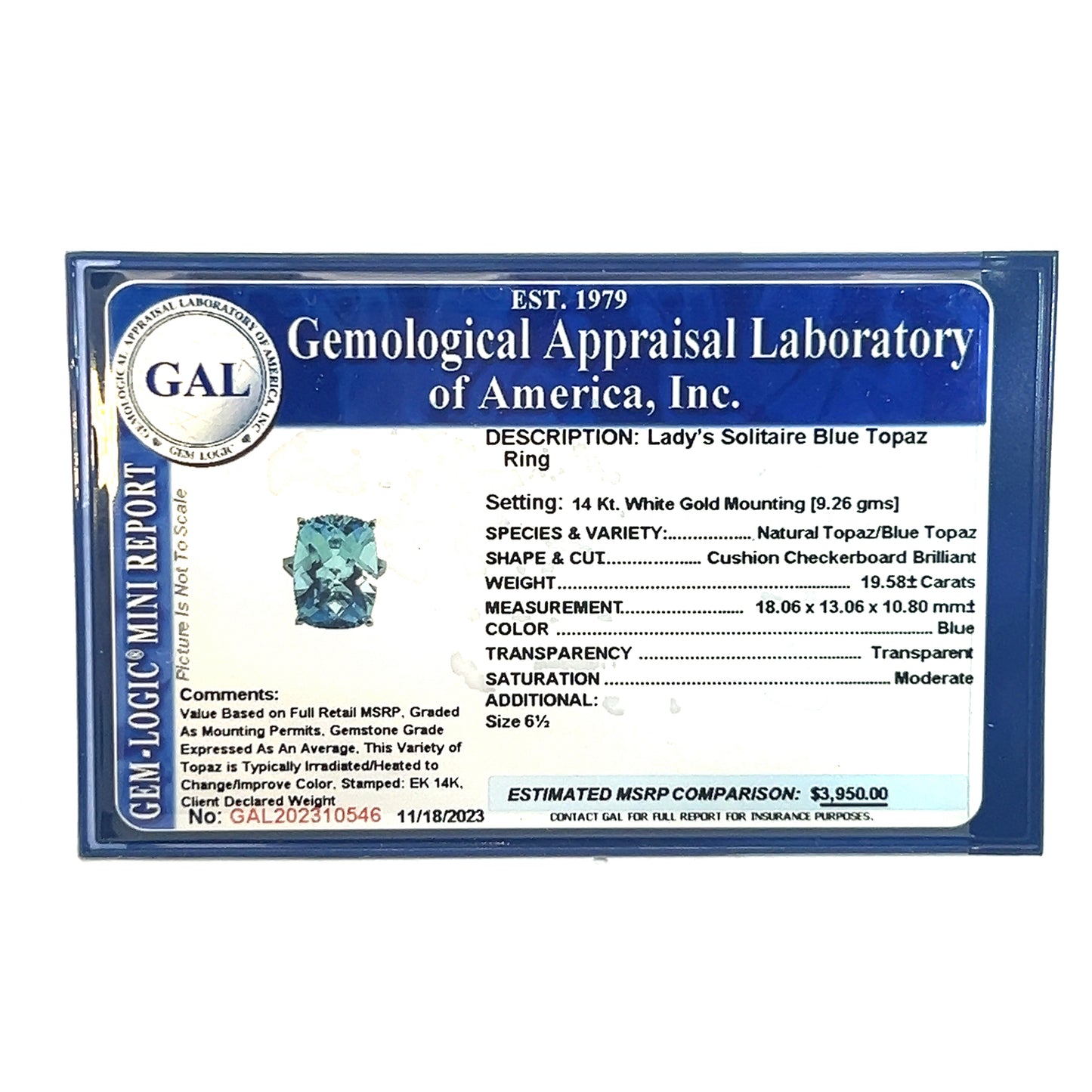 Natural Solitaire Blue Topaz Ring 6.5 14k W Gold 19.58 Cts Certified $3,950 310546 - Certified Fine Jewelry