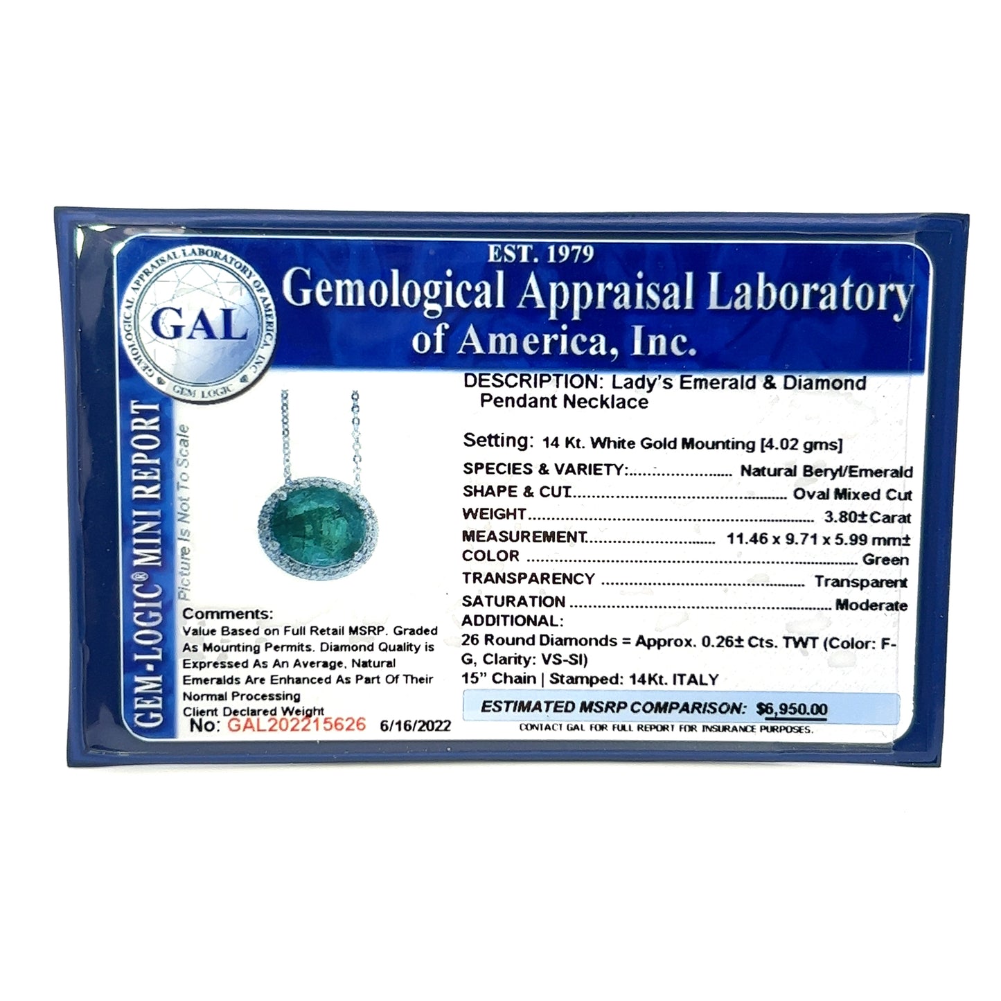 Natural Emerald Diamond Pendant Necklace 15" 14k WG 4.06 TCW Certified $6,950 215626 - Certified Fine Jewelry