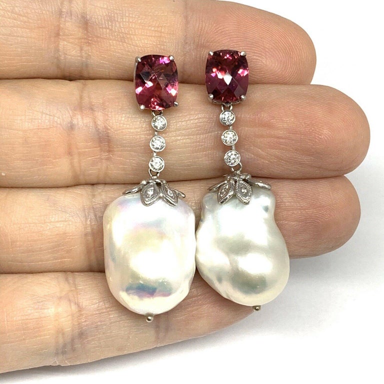 Diamond Rubellite Tourmaline Pearl Earrings 14k Gold 6.25 TCW Certified $4,950 920746 - Certified Fine Jewelry