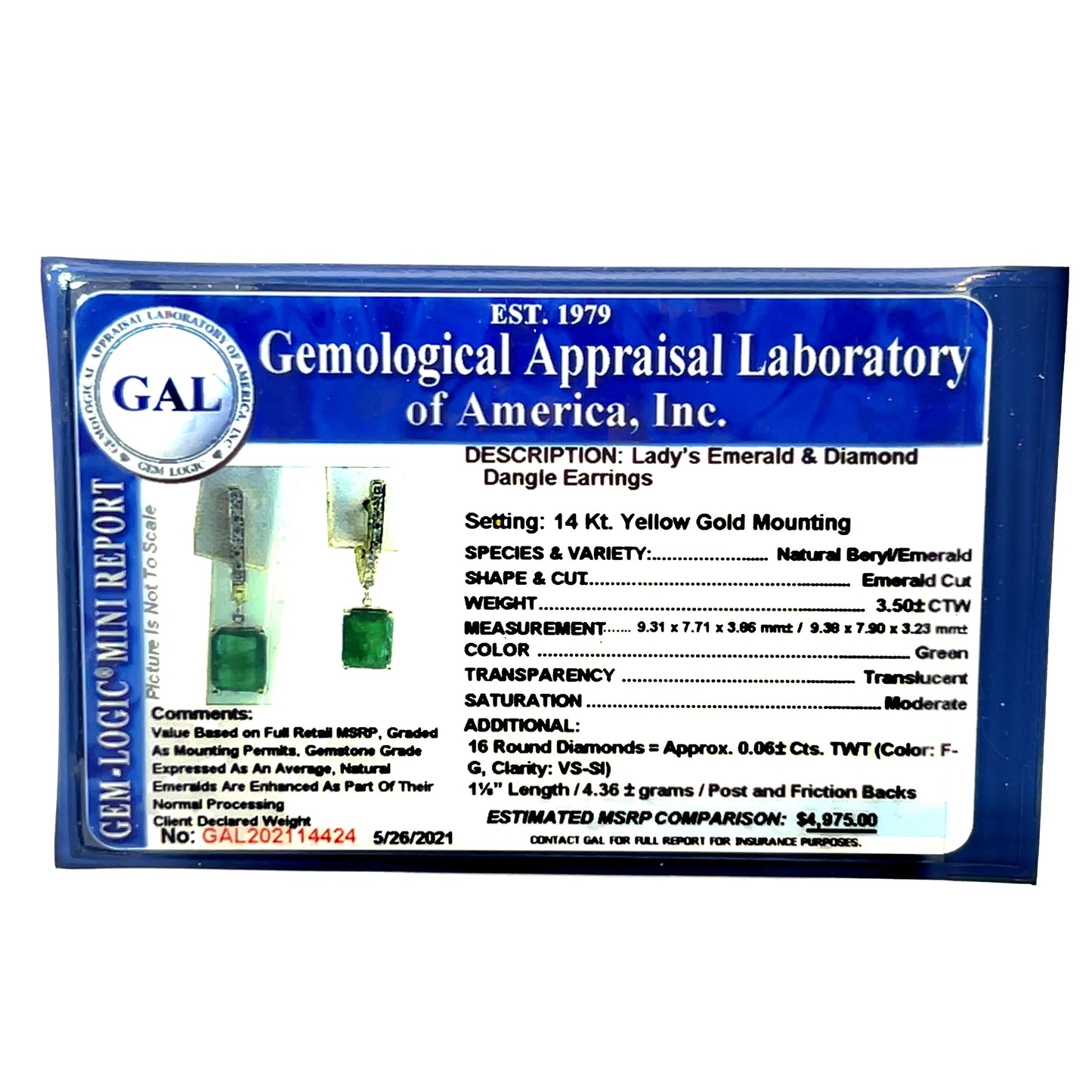 Natural Emerald Diamond Earrings 14k Yellow Gold 3.56 TCW Certified $4,975 114424