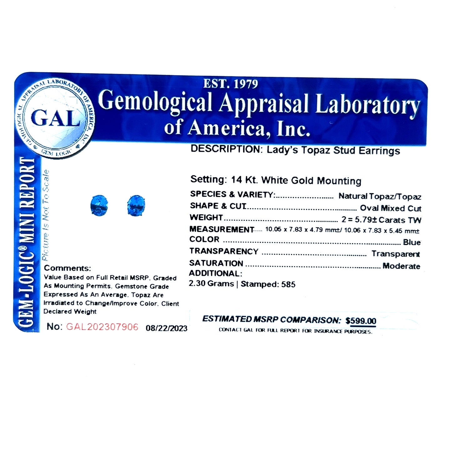 Natural Blue Topaz Stud Earrings 14k White Gold 5.79 TW Certified $599 307906 - Certified Fine Jewelry