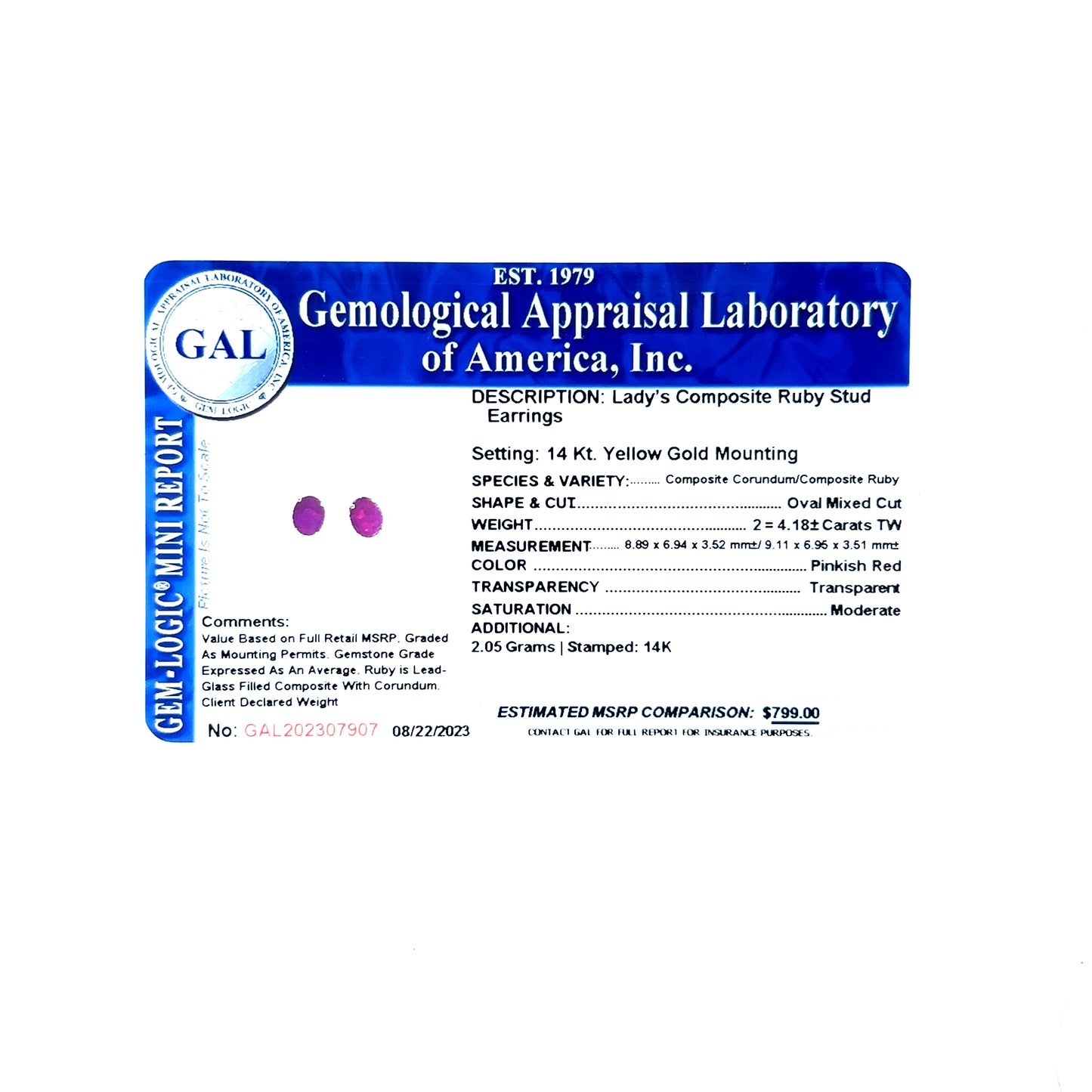 Natural Ruby Stud Earrings 14k Yellow Gold 4.18 TW Certified $799 307907 - Certified Fine Jewelry