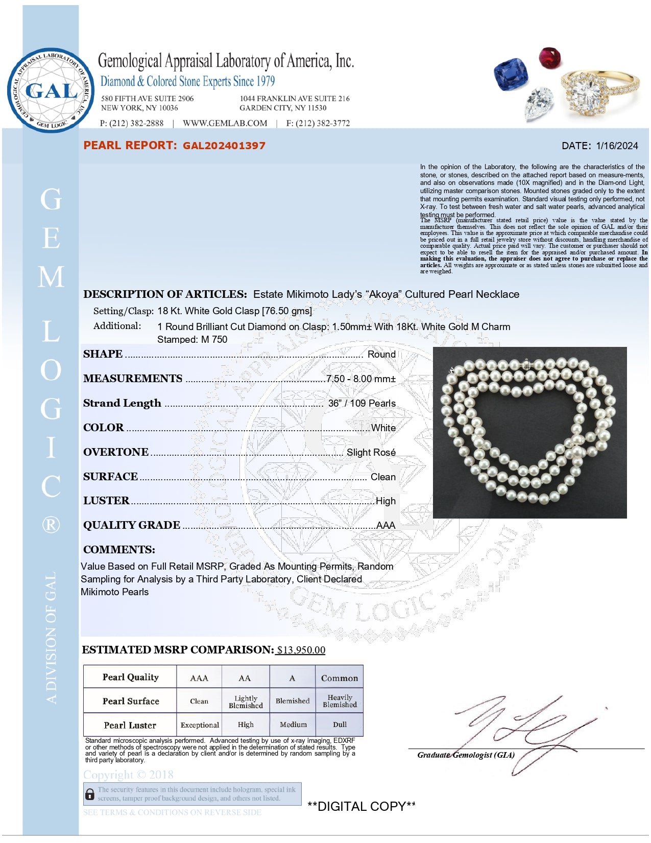 Mikimoto Estate Akoya Pearl Diamond Necklace 36" 18k Gold 8 mm Certified $13,950 401397 - Certified Fine Jewelry