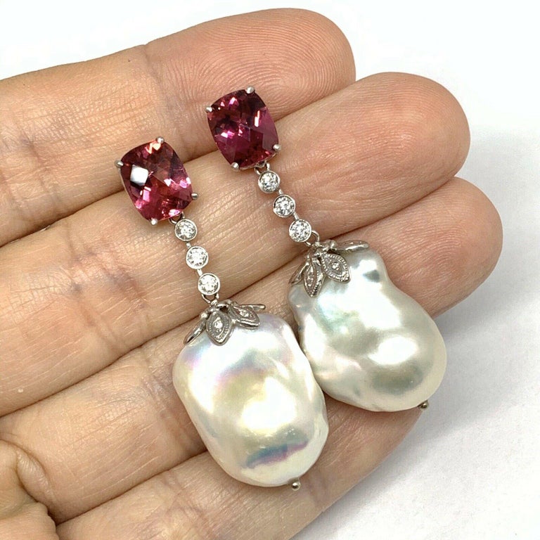 Diamond Rubellite Tourmaline Pearl Earrings 14k Gold 6.25 TCW Certified $4,950 920746 - Certified Fine Jewelry