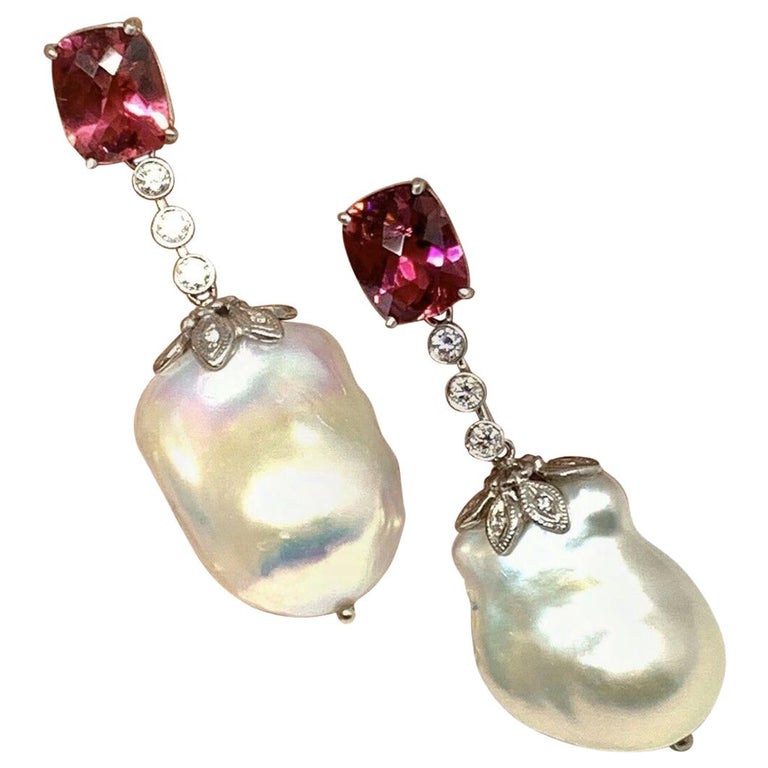 Diamond Rubellite Tourmaline Pearl Earrings 14k Gold 6.25 TCW Certified $4,950 920746 - Certified Fine Jewelry