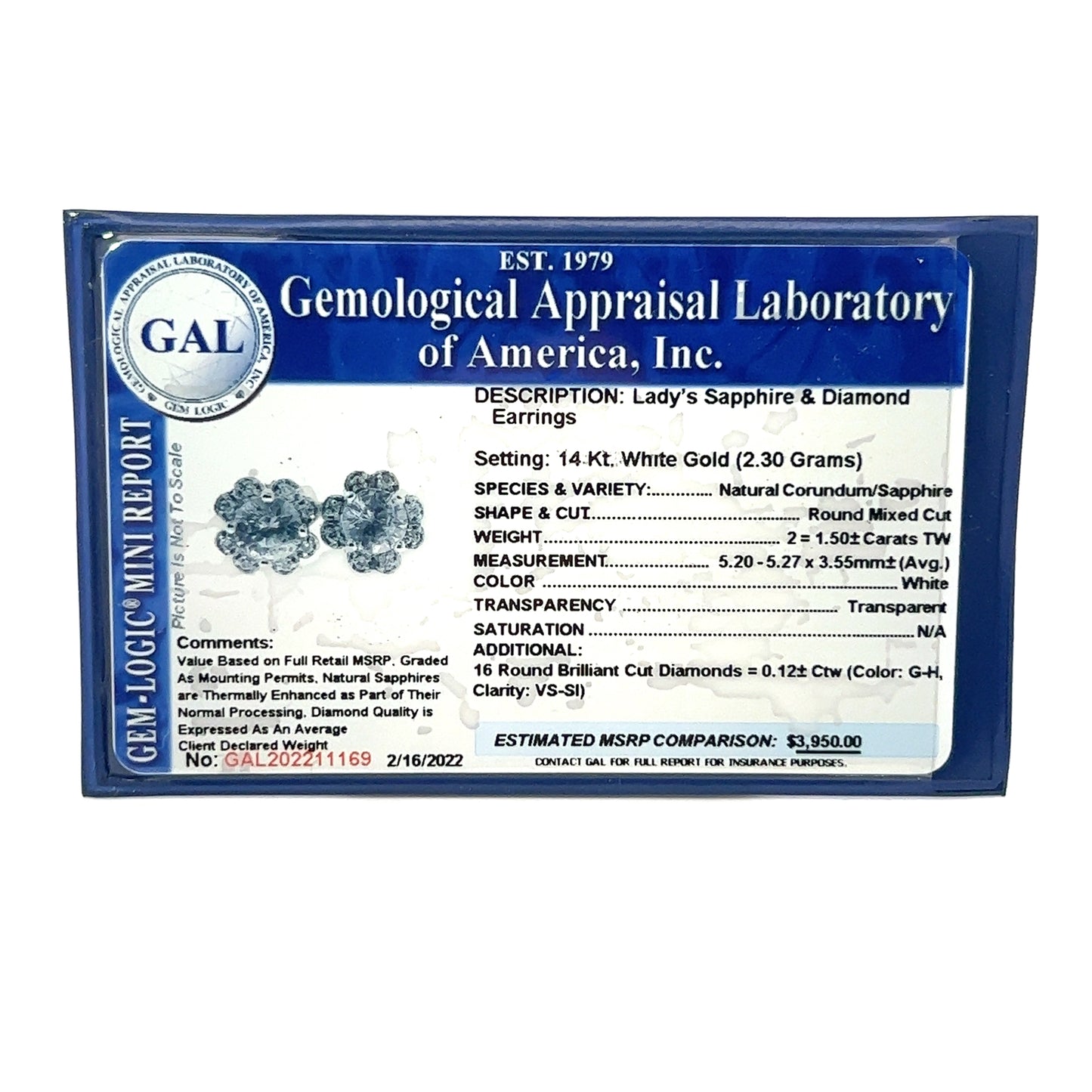 Natural Sapphire Diamond Stud Earrings 14k White Gold 1.62 TCW Certified $3,950 211169 - Certified Fine Jewelry