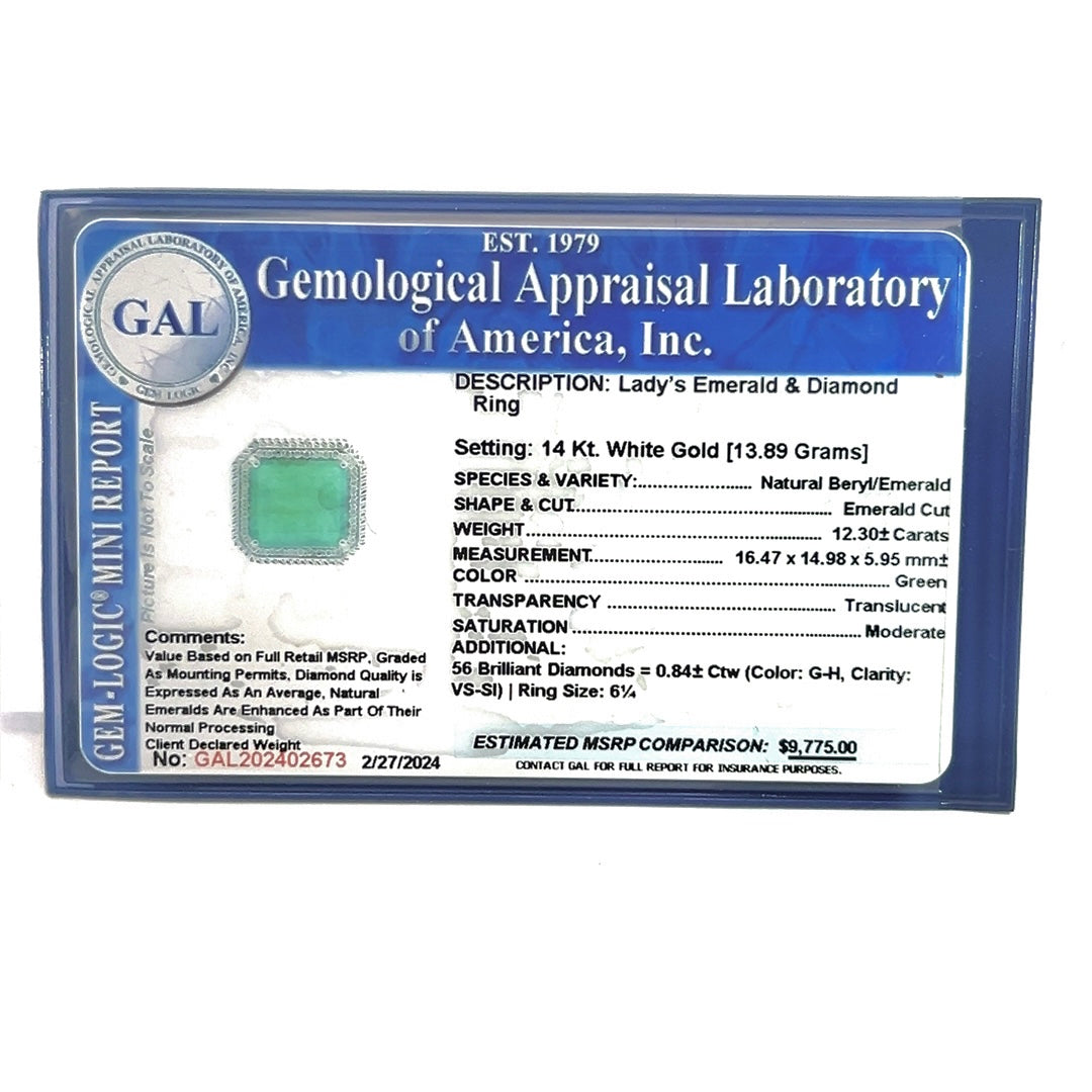 Natural Emerald Diamond Ring Size 6.25 14k W Gold 13.14 TCW Certified $9,775 402673