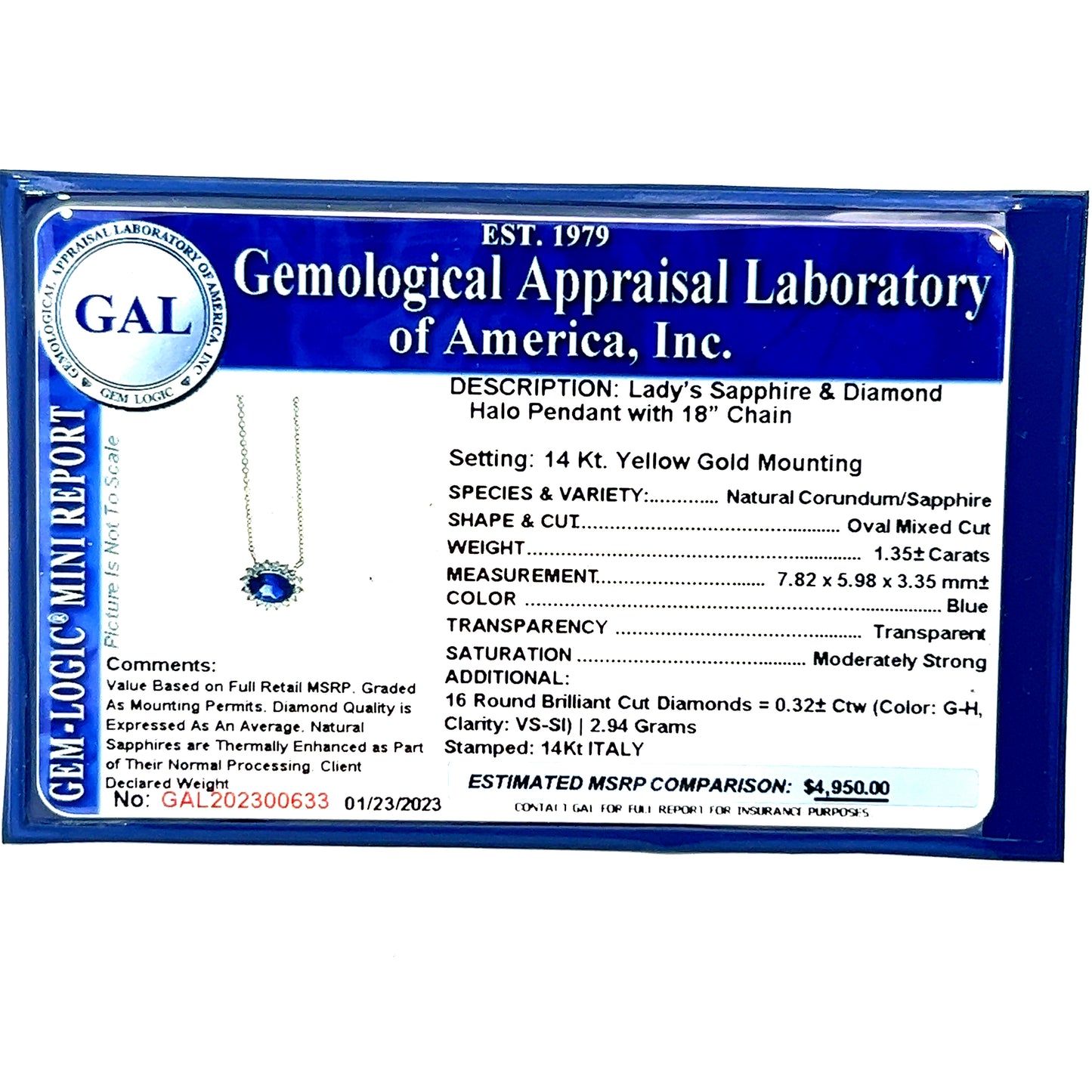 Natural Sapphire Diamond Halo Pendant With Chain 18" 14k YG 1.67 TCW Certified $4,950 300633 - Certified Fine Jewelry