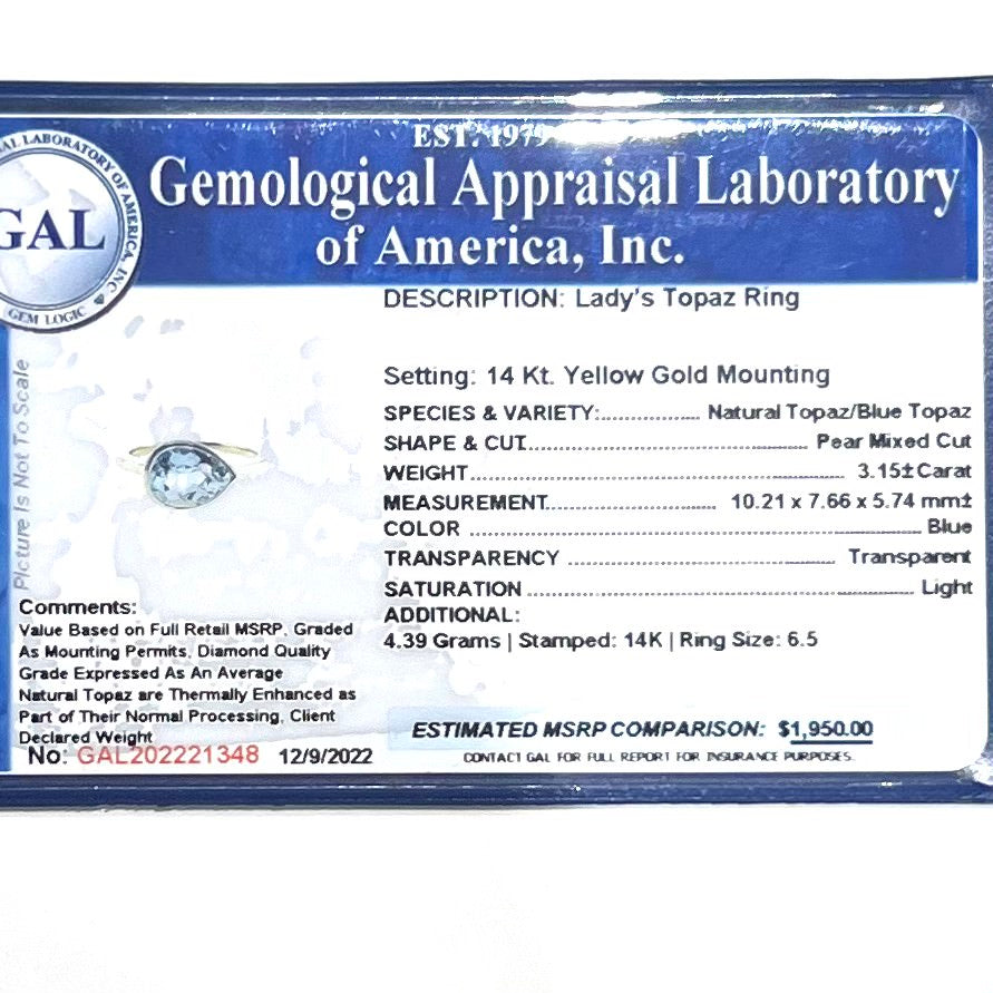 Natural Topaz Ring 6.5 14k Y Gold 3.15 TCW Certified $1,950 221348 - Certified Fine Jewelry