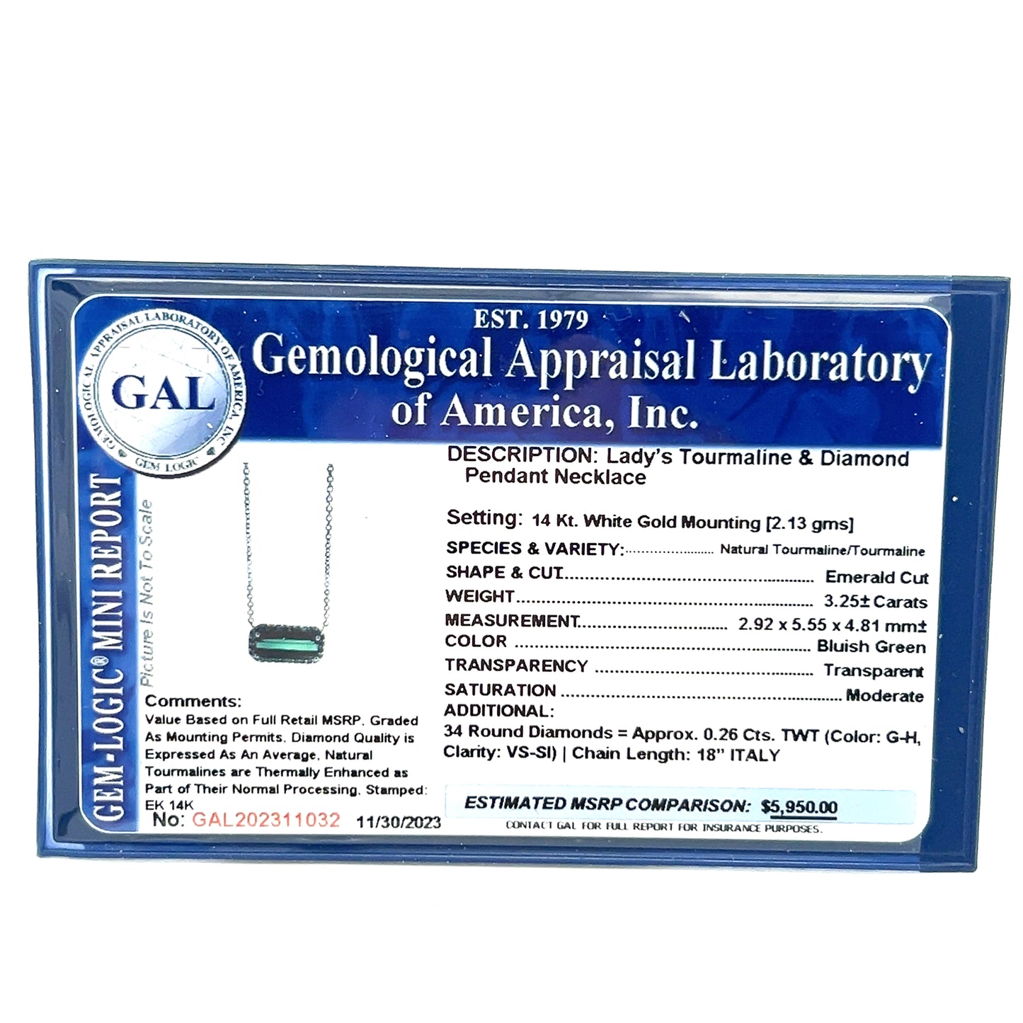 Natural Tourmaline Diamond Pendant Necklace 18" 14k W Gold 3.51 TCW Certified $5,950 311032