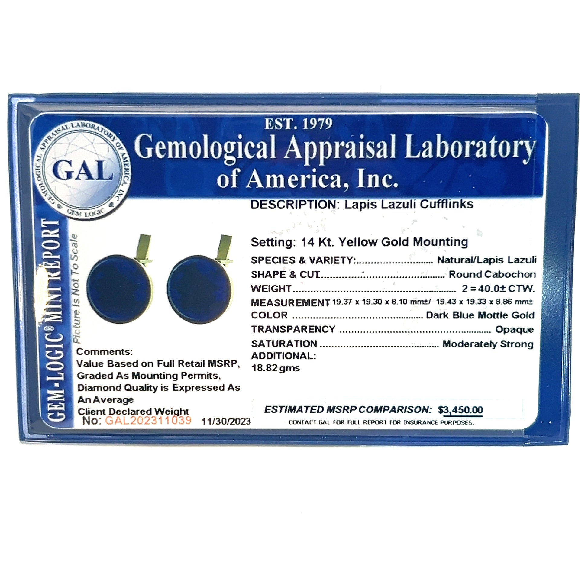 Natural Lapis Lazuli Cufflinks 14k Y Gold 40 CTW Certified $3,450 311039 - Certified Fine Jewelry