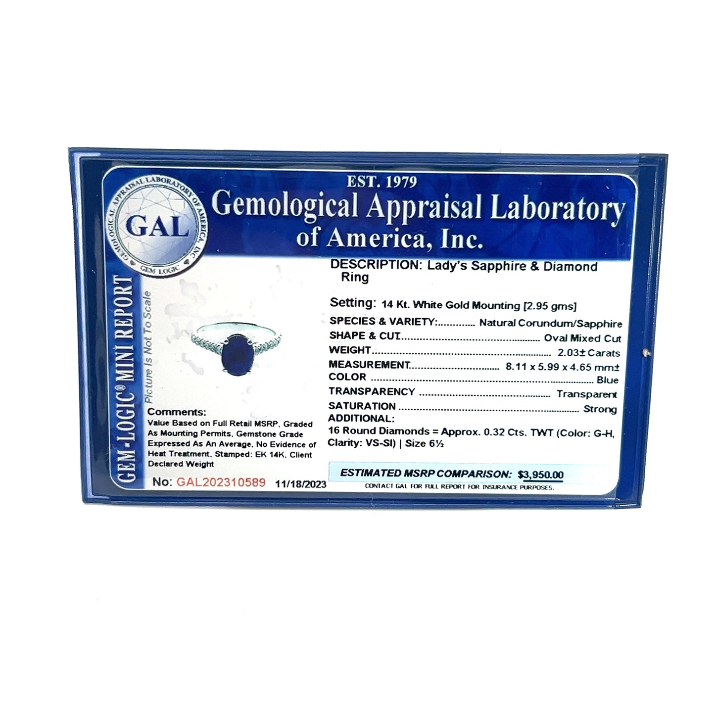 Natural Sapphire Diamond Ring 6.5 14k W Gold 2.35 TCW Certified $3,950 310589