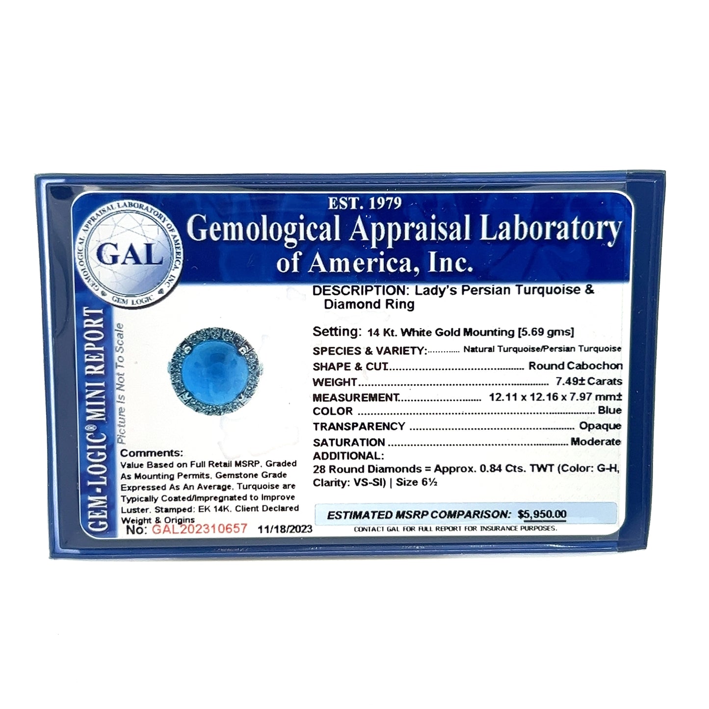 Natural Persian Turquoise Diamond Ring 6.5 14k WG 8.33 TCW Certified $5,950 310657 - Certified Fine Jewelry