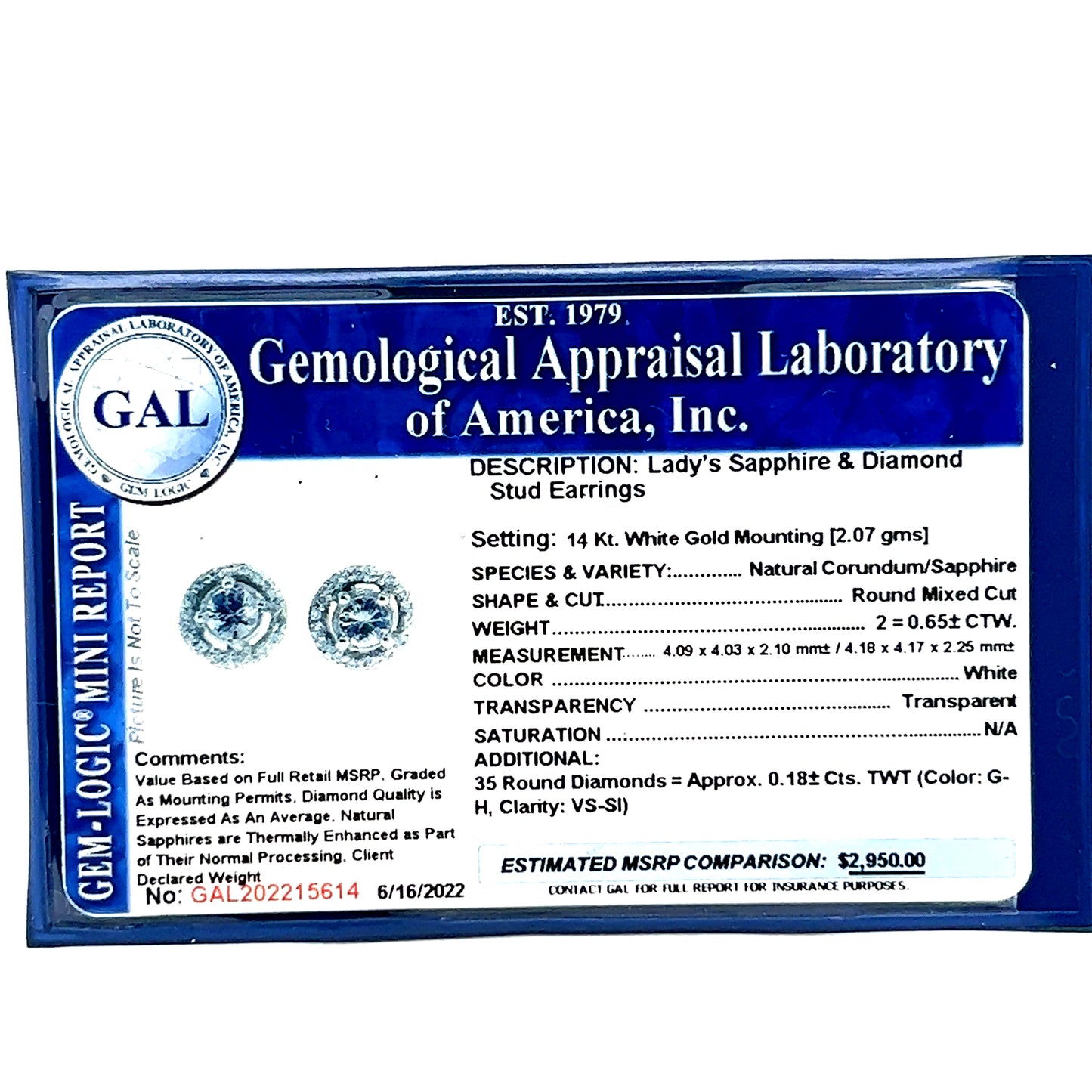 Natural Sapphire Diamond Stud Earrings 14k W Gold 0.83 TCW Certified $2,950 215614 - Certified Fine Jewelry