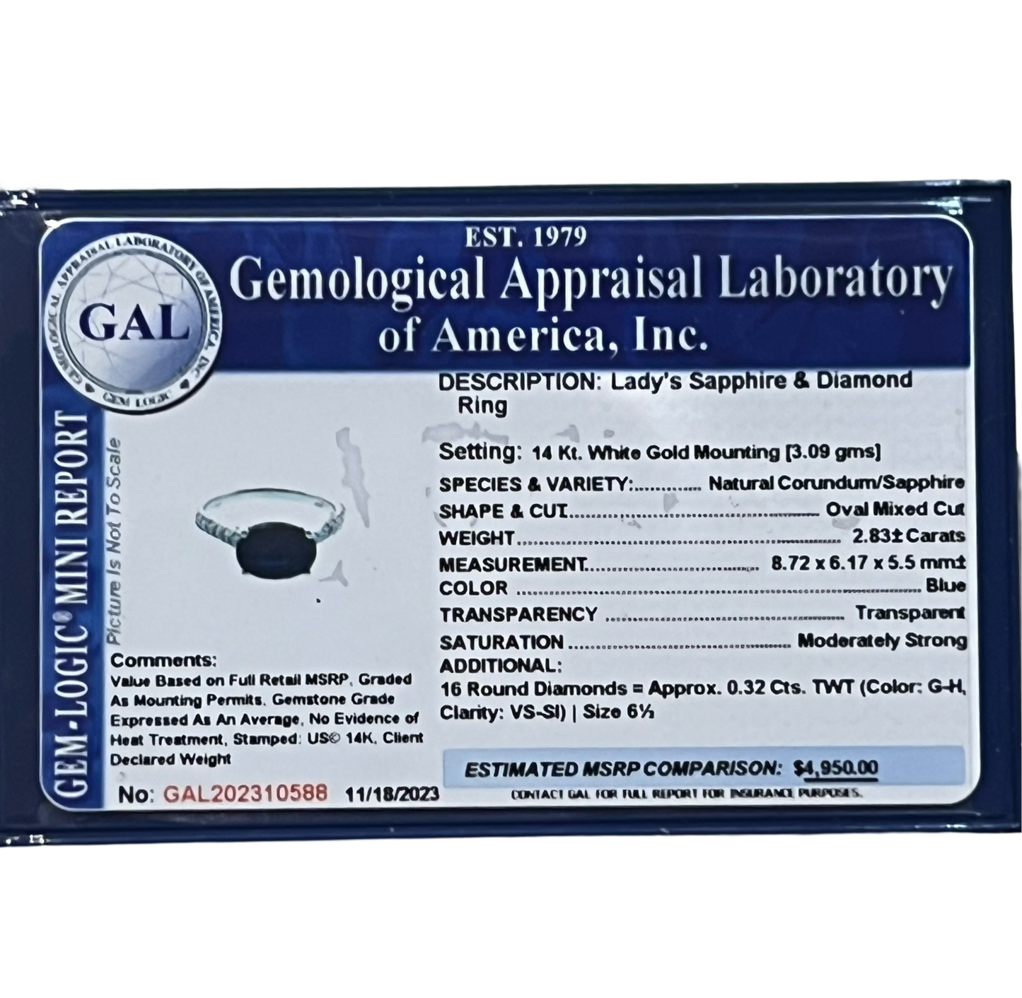 Natural Sapphire Diamond Ring 6.5 14k W Gold 3.15 TCW Certified $4,950 310588