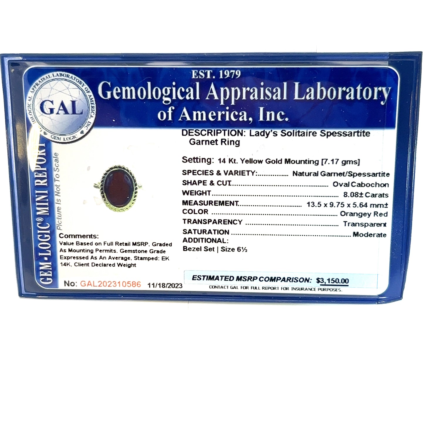 Natural Solitaire Spessartite Garnet Ring 6.5 14k Y Gold 8.08 Cts Certified $3,150 310586 - Certified Fine Jewelry