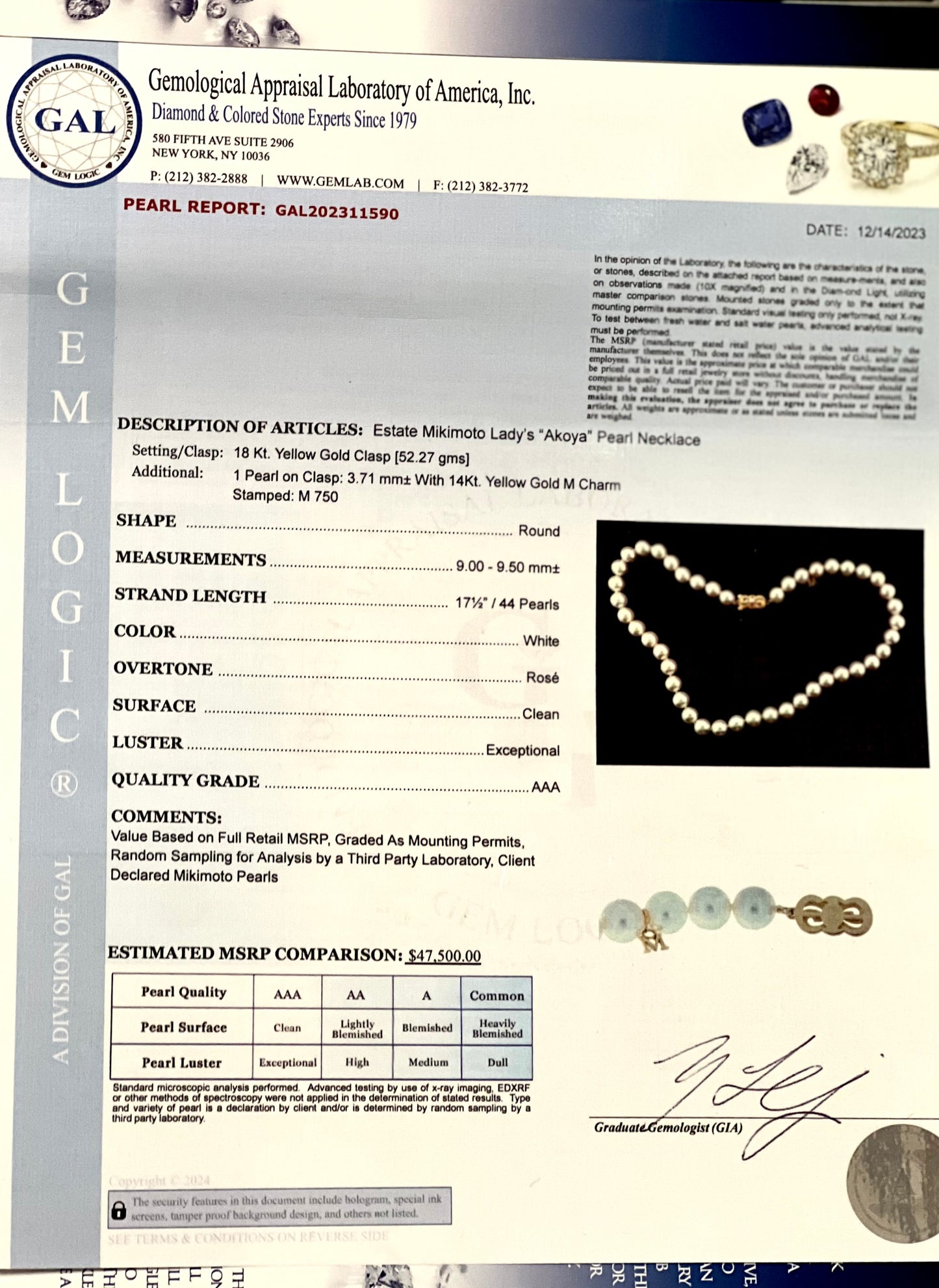 Mikimoto Estate Akoya Pearl Necklace 17.5" 18k Y Gold 9.5 mm Certified $47,500 311590 - Certified Fine Jewelry