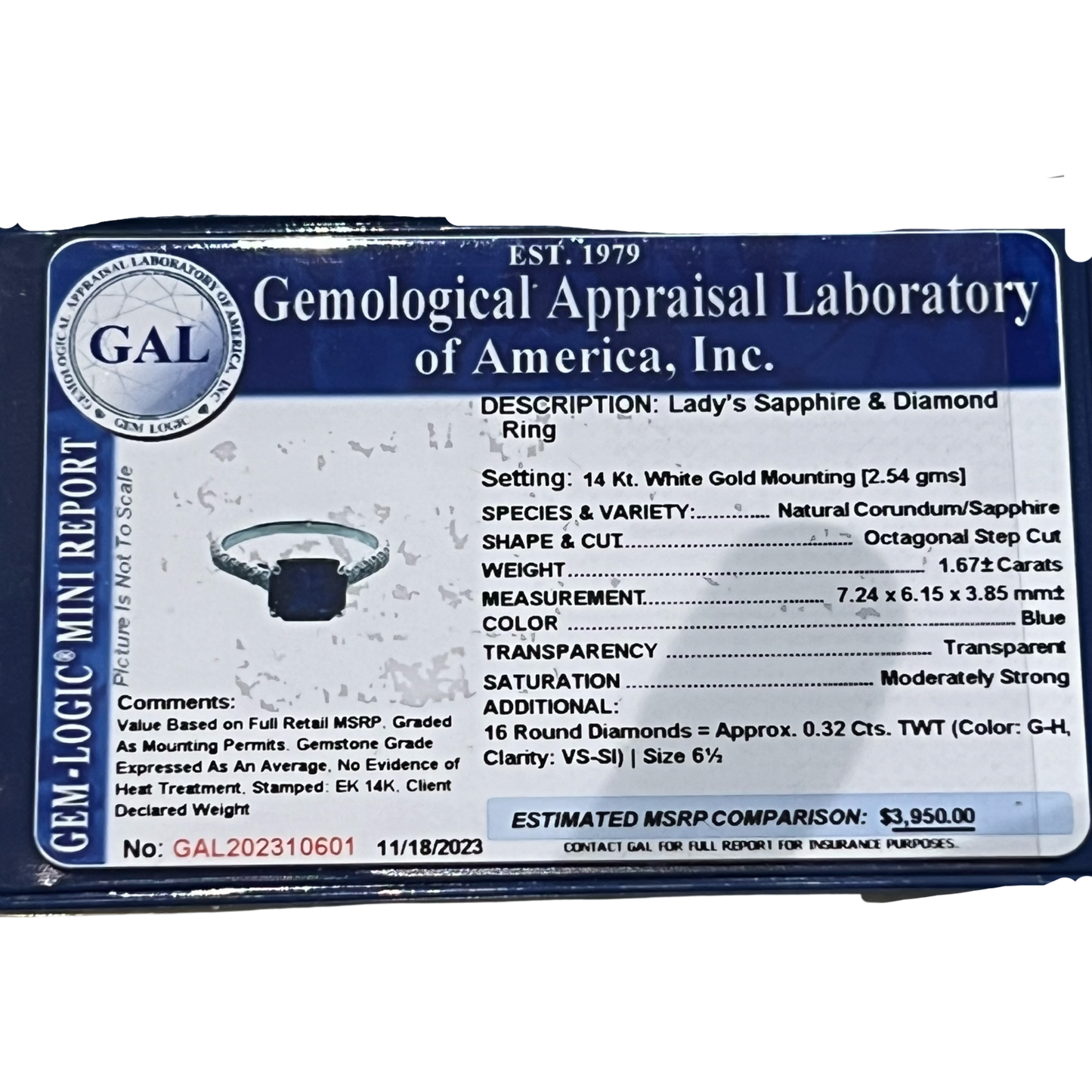 Natural Sapphire Diamond Ring 6.5 14k W Gold 1.99 TCW Certified $3,950 310601