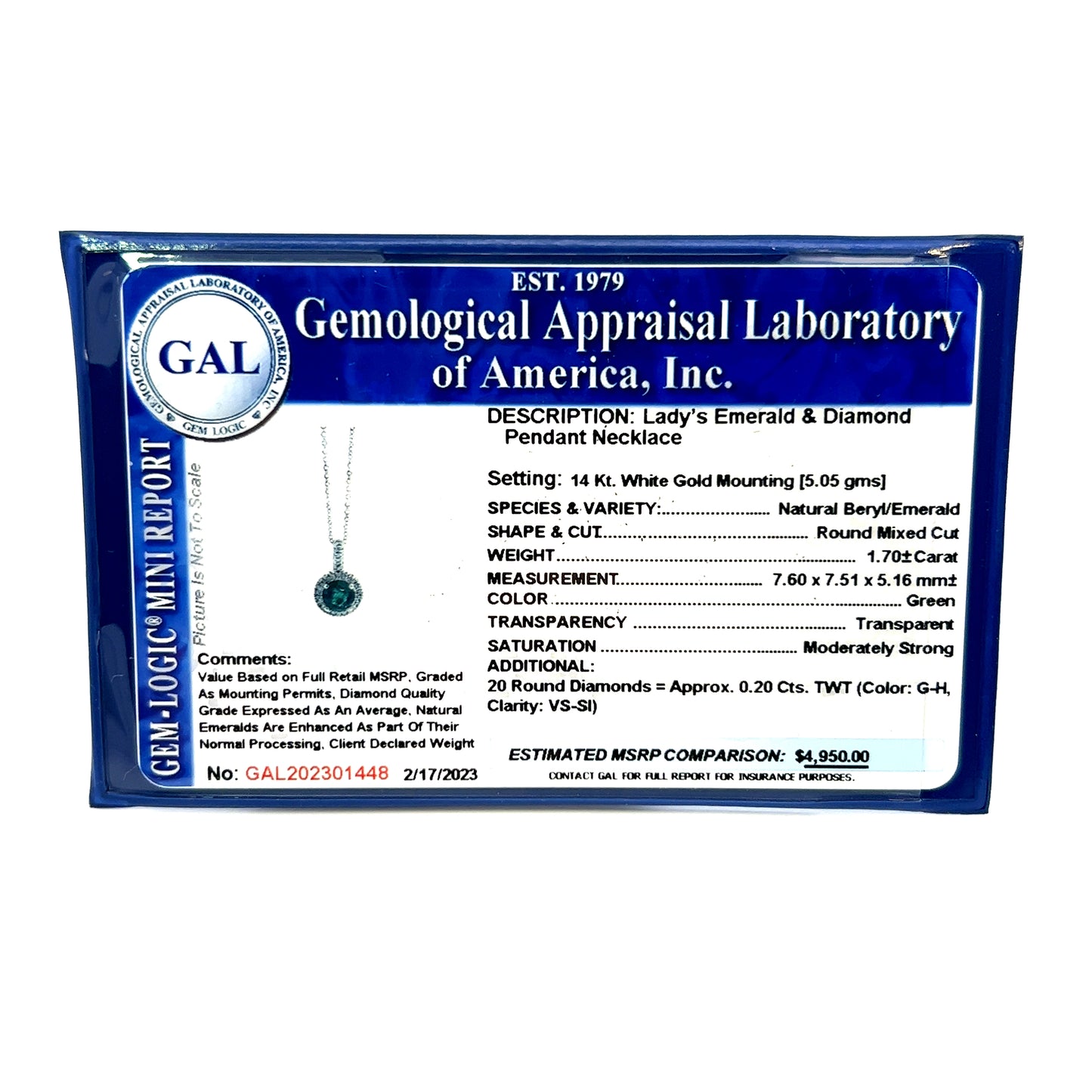 Natural Emerald Diamond Pendant Necklace 18" 14k W Gold 1.90 TCW Certified $4,950 301448 - Certified Fine Jewelry