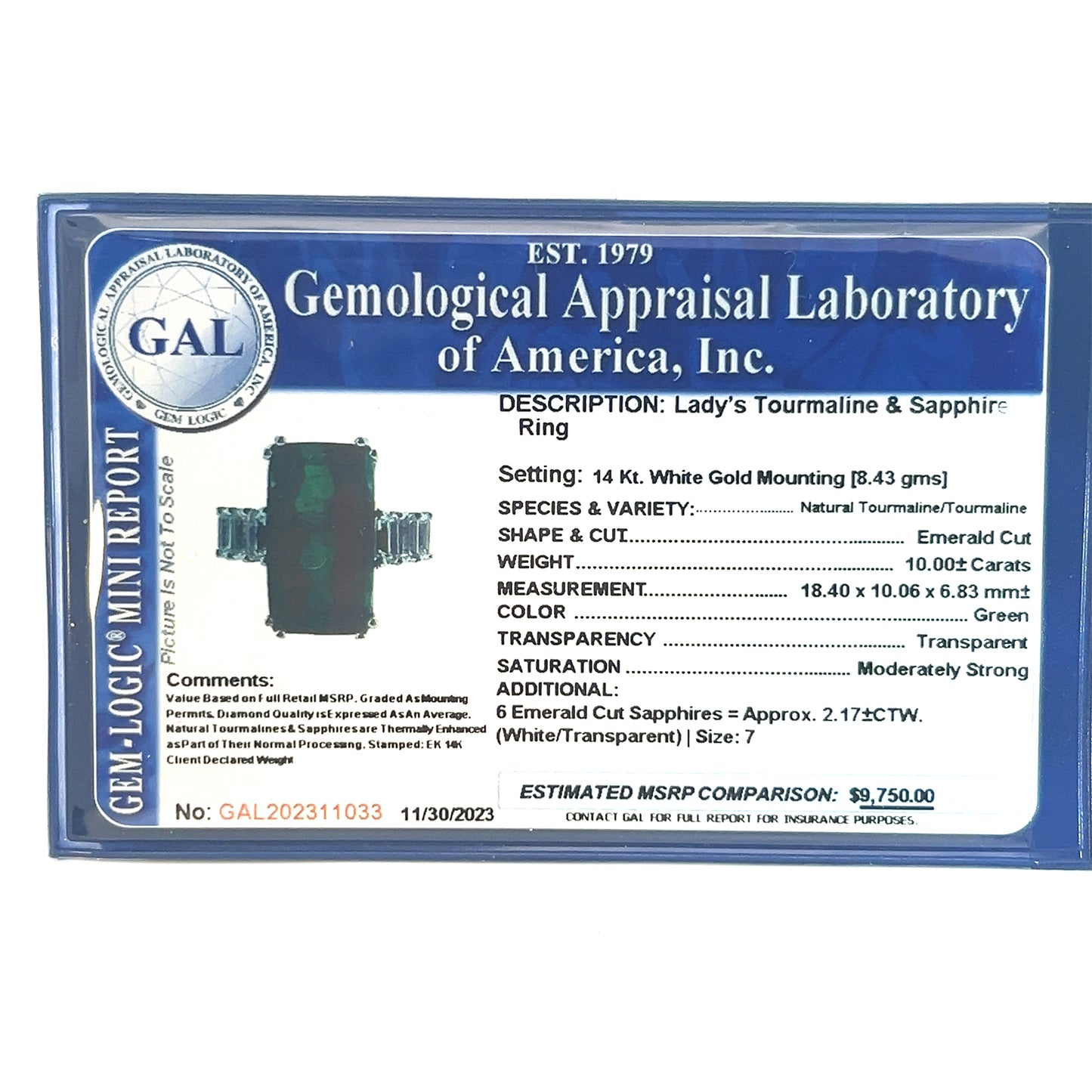 Natural Tourmaline Sapphire Ring 7 14k WG 12.17 TCW Certified $9,750 311033 - Certified Fine Jewelry