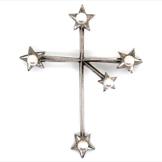 Mikimoto Estate Akoya Pearl Cross Brooch Sterling Silver 4 mm M320 - Certified Fine Jewelry