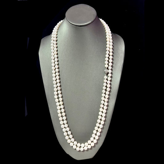 Natural Akoya Pearl Diamond Necklace 60.5" 18k White Gold 8 mm Certified $7,950 307925 - Certified Fine Jewelry