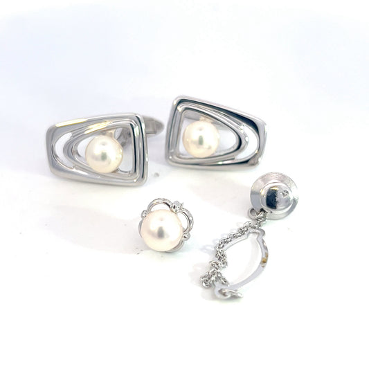 Mikimoto Estate Akoya Pearl Cufflinks + Tie Pin Set Sterling Silver 7.20 mm M384