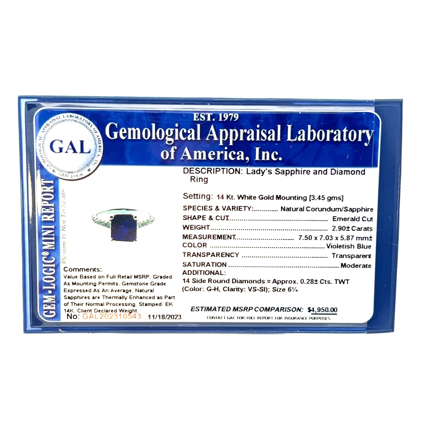Natural Sapphire Diamond Ring 6.25 14k W Gold 3.18 TCW Certified $4,950 310543
