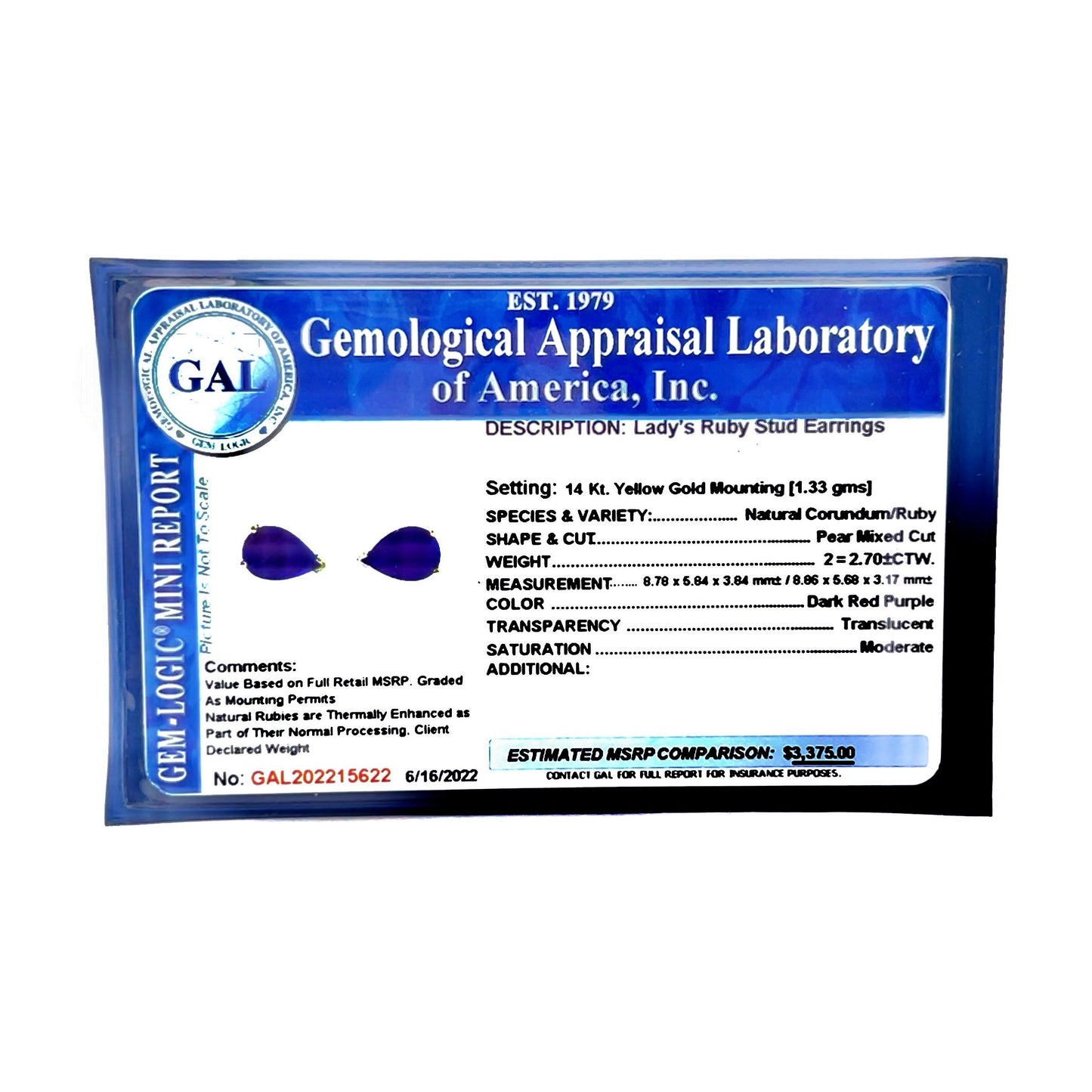 Natural Ruby Stud Earrings 14k Yellow Gold 2.70 TCW Certified $3,375 215622