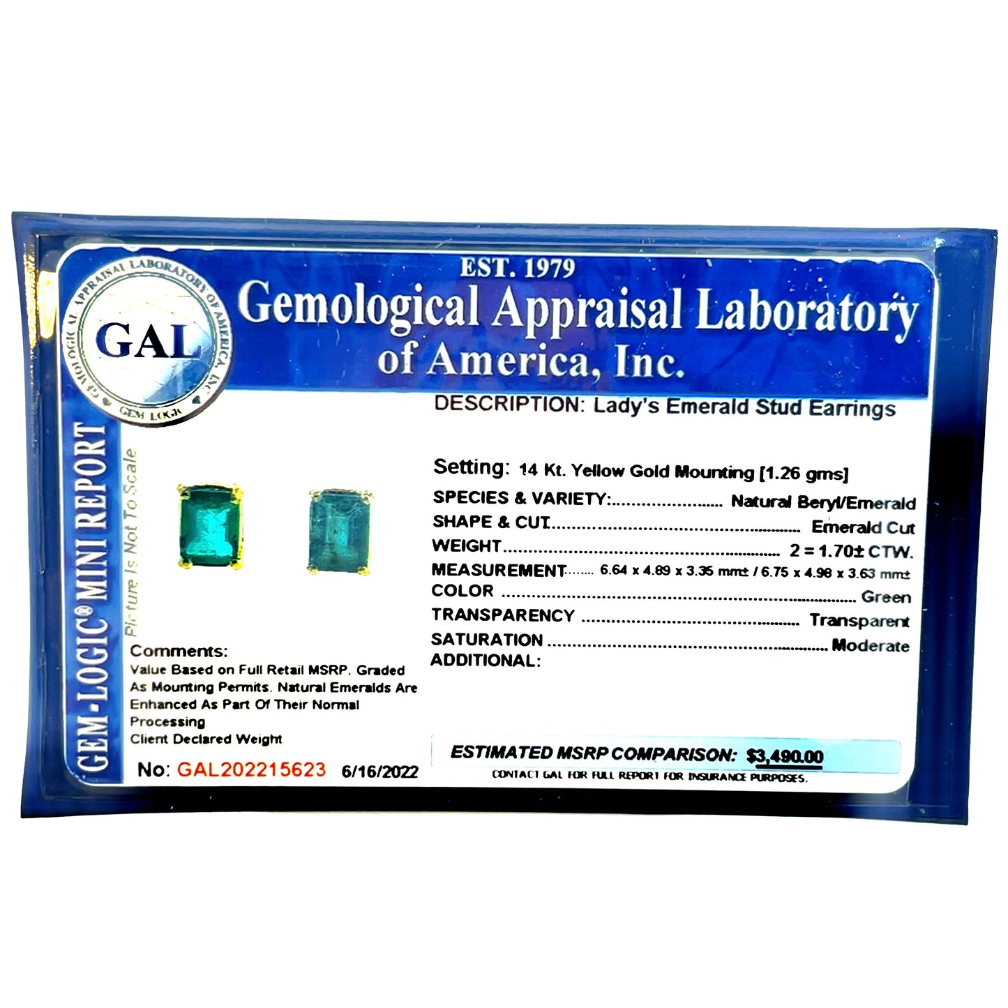 Natural Emerald Stud Earrings 14k Yellow Gold 1.70 TCW Certified $3,490 215623