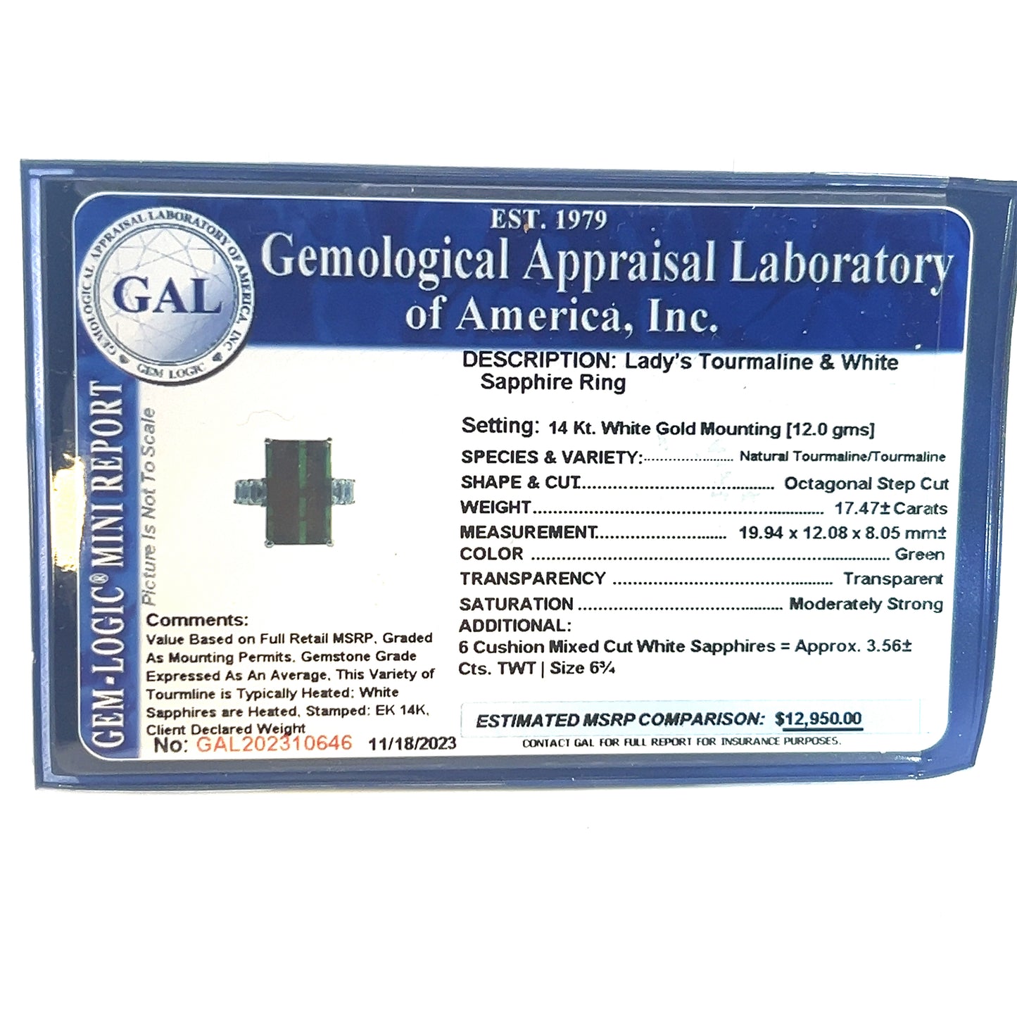 Natural Tourmaline White Sapphire Ring 6.75 14k WG 21.03 TCW Certified $12,950 310646 - Certified Fine Jewelry