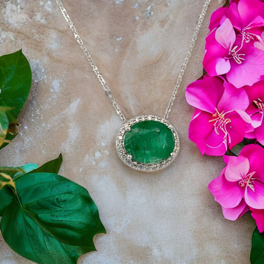 Natural Emerald Diamond Pendant Necklace 15" 14k WG 4.06 TCW Certified $6,950 215626 - Certified Fine Jewelry