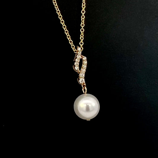Natural Solitaire Akoya Pearl Diamond Pendant Set 18" 14k YG 8.02 mm Certified $1,090 310567 - Certified Fine Jewelry