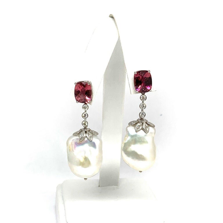 Diamond Rubellite Tourmaline Pearl Earrings 14k Gold 6.25 TCW Certified $4,950 920746 - Certified Fine Jewelry