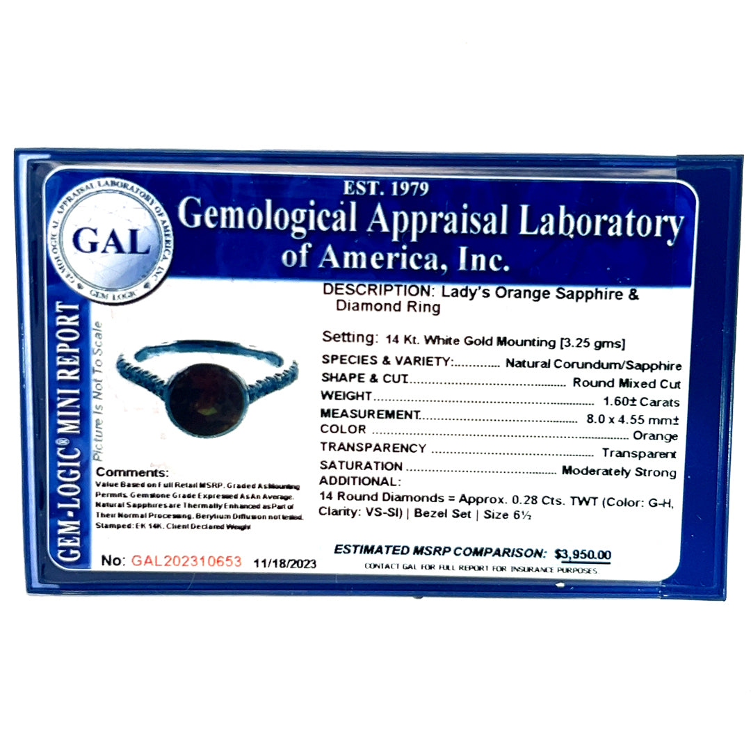 Natural Orange Sapphire Diamond Ring 6.5 14k W Gold 1.88 TCW Certified $3,950 310653
