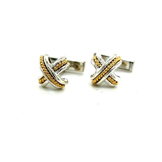 Tiffany & Co Estate Mens X Signature Cufflinks 18k Yellow Gold Sterling Silver TIF469 - Certified Fine Jewelry