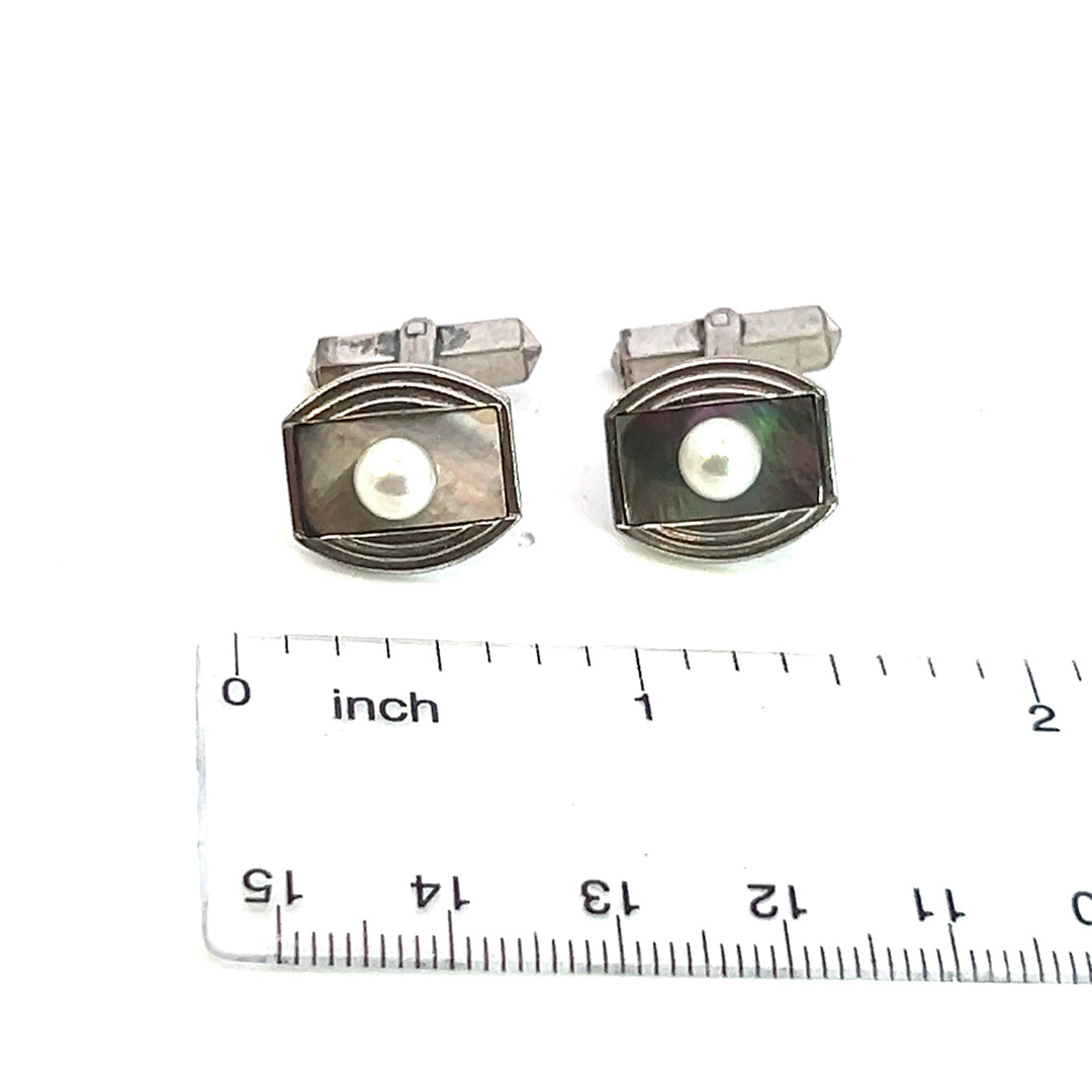 Mikimoto Estate Akoya + Mother of Pearl Cufflinks 5.2 mm Sterling Silver M381