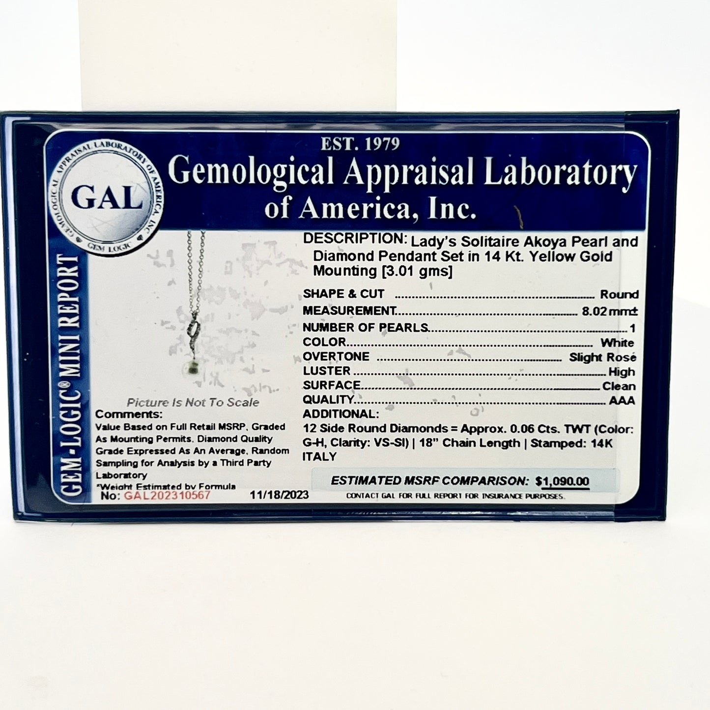 Natural Solitaire Akoya Pearl Diamond Pendant Set 18" 14k YG 8.02 mm Certified $1,090 310567 - Certified Fine Jewelry