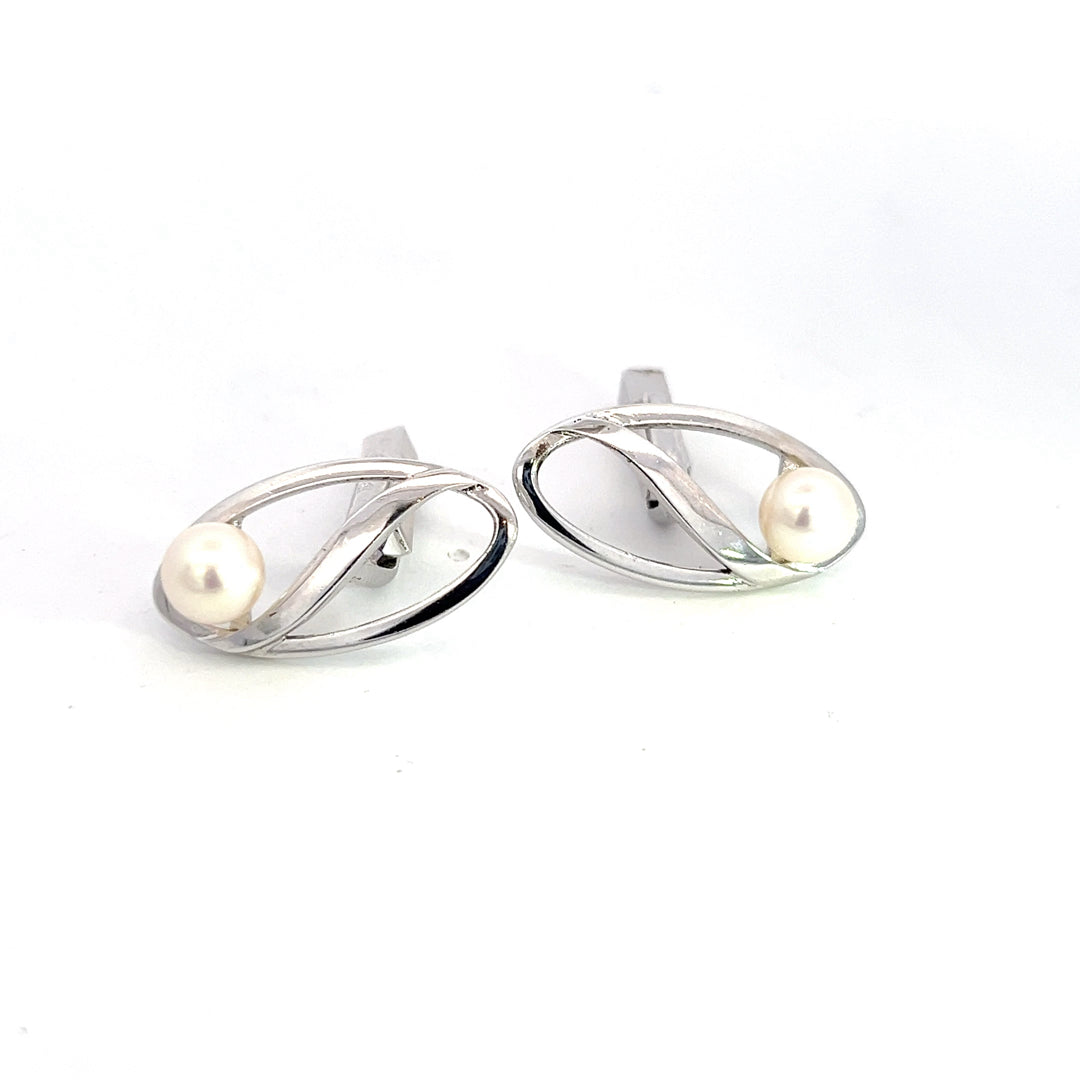 Mikimoto Estate Akoya Pearl Mens Cufflinks Sterling Silver 6.7 mm M392