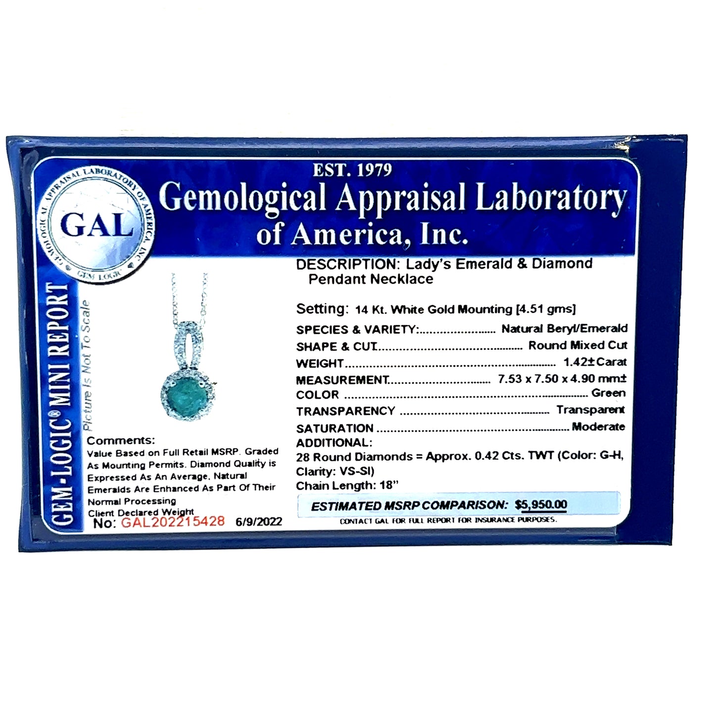 Natural Emerald Diamond Pendant Necklace 18" 14k W Gold 1.84 TCW Certified $5,950 215428 - Certified Fine Jewelry