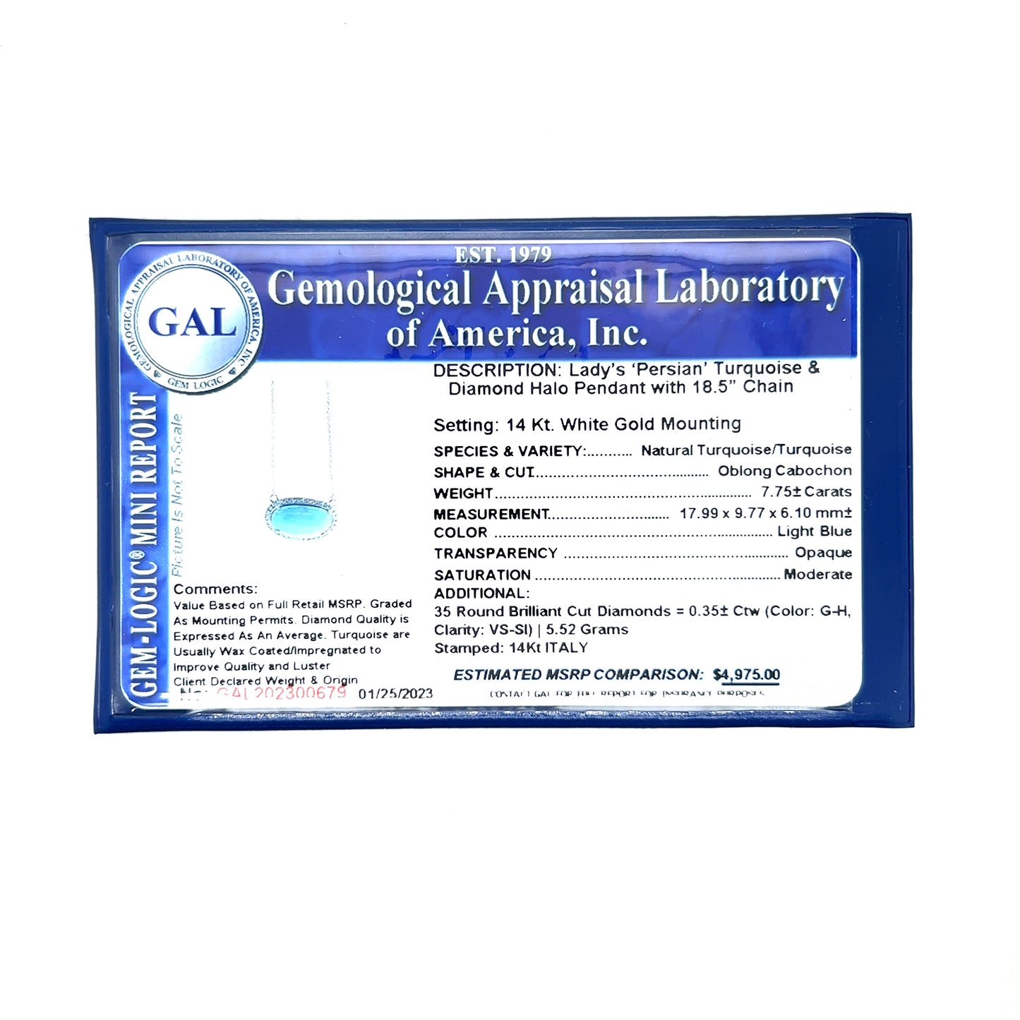 Natural Persian Turquoise Diamond Halo Pendant With Chain 18.5" 14k WG 8.1 TCW Certified $4,975 300679 - Certified Fine Jewelry