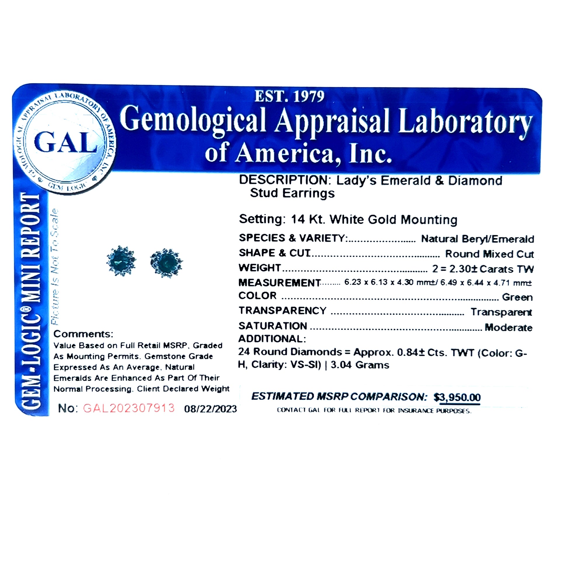 Natural Emerald Diamond Stud Earrings 14k W Gold 3.14 TCW Certified $3,950 307913 - Certified Fine Jewelry