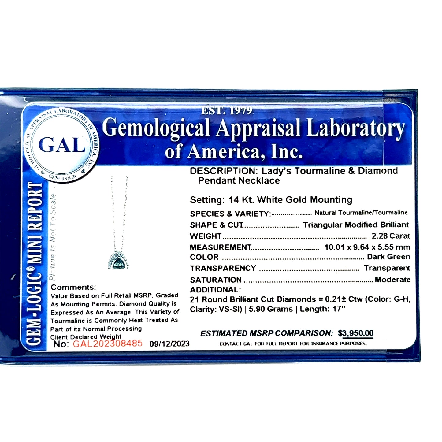 Natural Tourmaline Diamond Pendant Necklace 17" 14k W Gold 2.49 TCW Certified $3,950 308485 - Certified Fine Jewelry