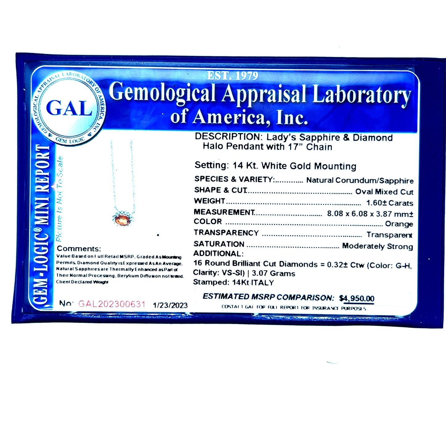 Natural Sapphire Diamond Halo Pendant With Chain 17" 14k WG 1.92 TCW Certified $4,950 300631 - Certified Fine Jewelry