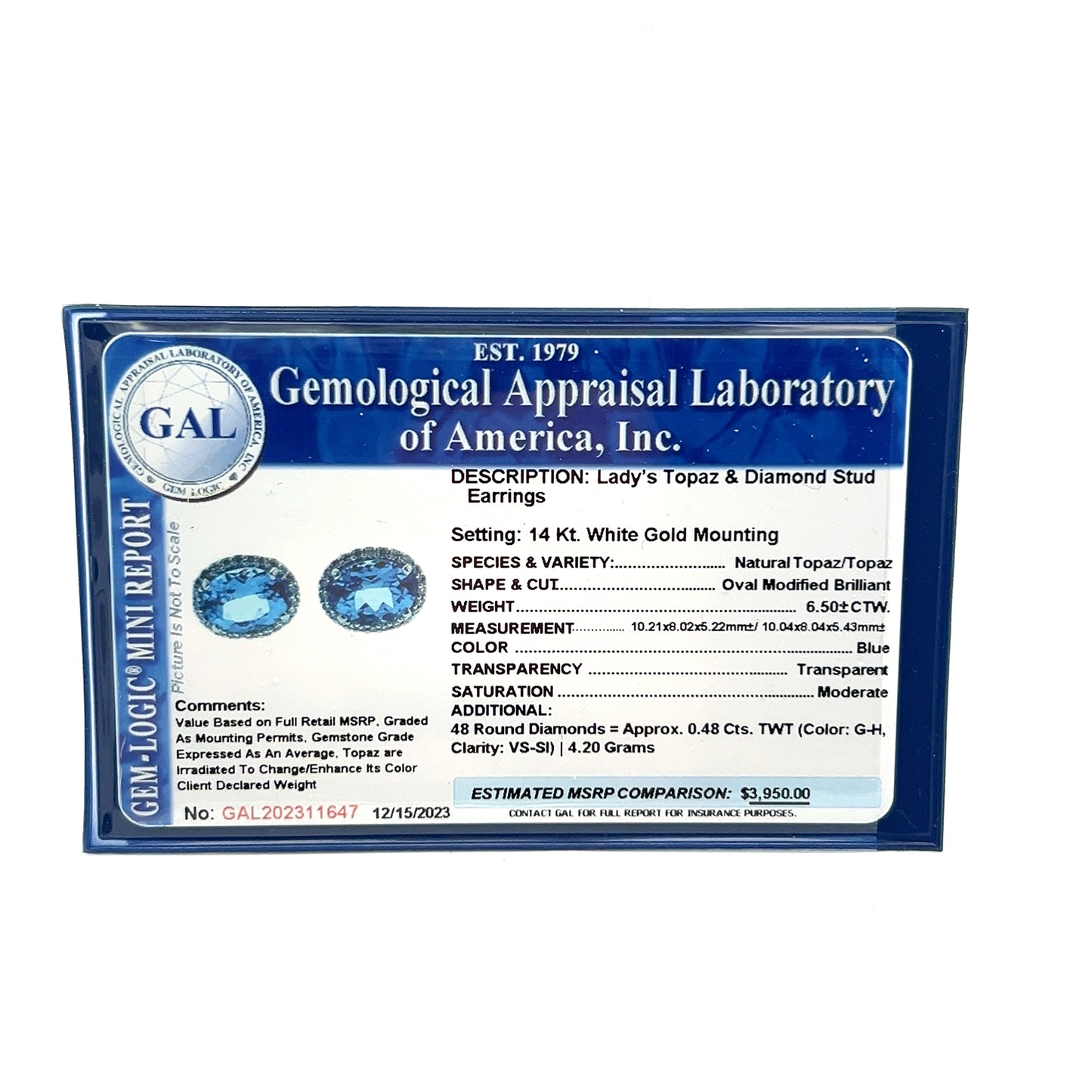 Natural Topaz Diamond Stud Earrings 14k W Gold 6.98 TCW Certified $3,950 311647