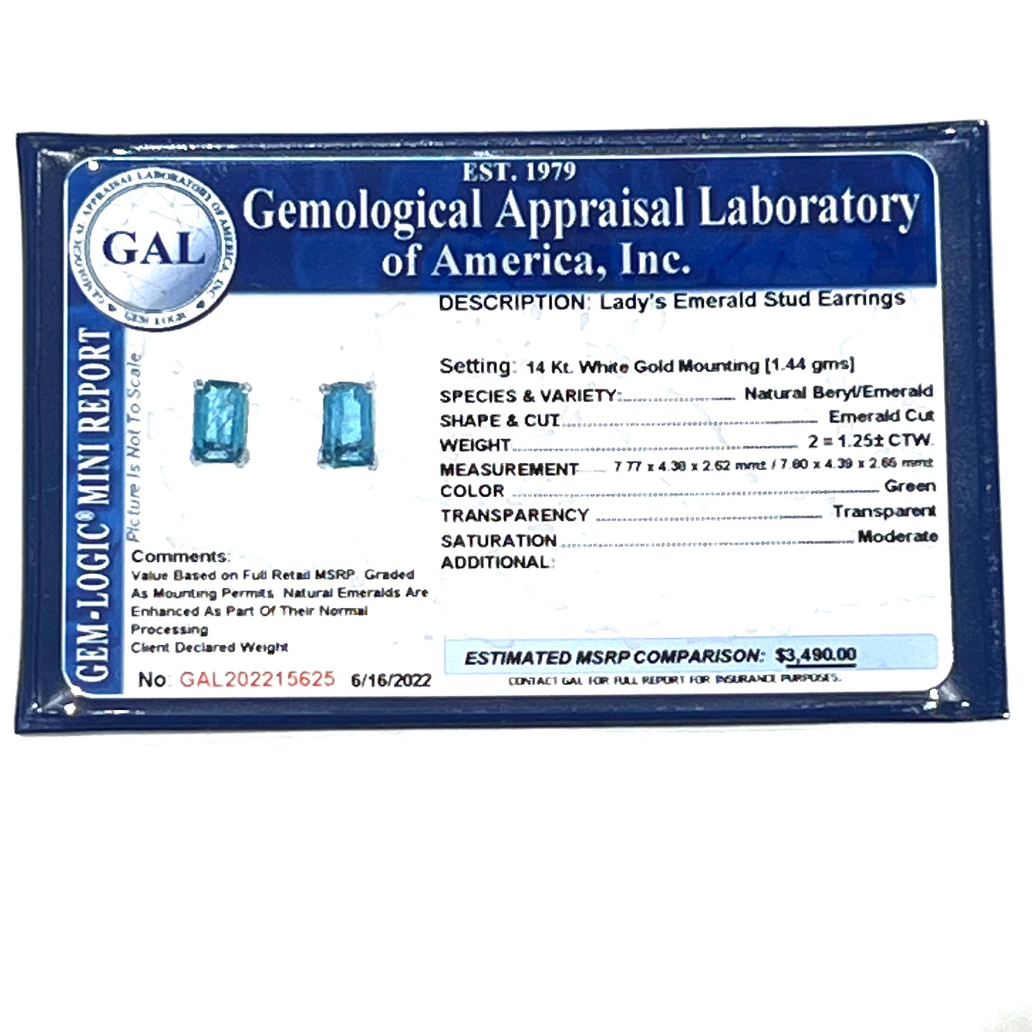 Natural Emerald Stud Earrings 14k White Gold 1.25 Cts Certified $3,490 215625 - Certified Fine Jewelry