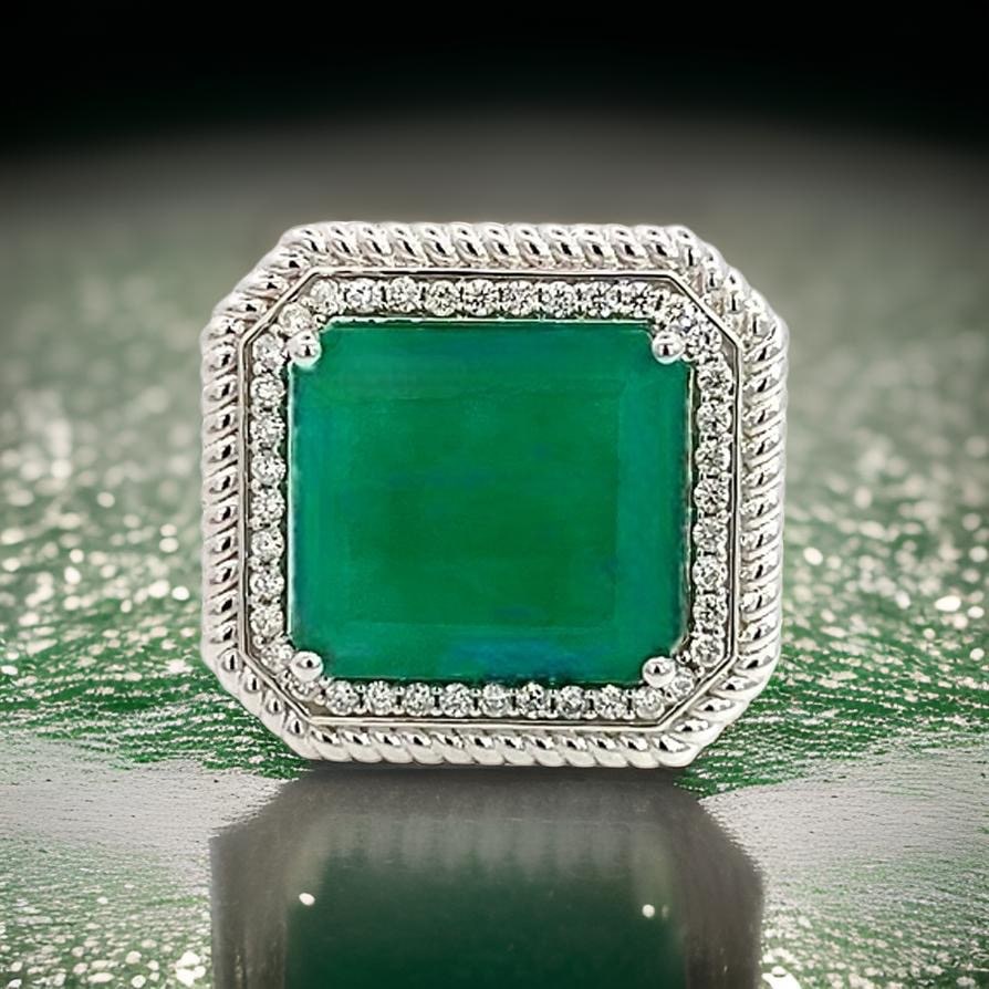 Natural Emerald Diamond Ring Size 6.25 14k W Gold 13.14 TCW Certified $9,775 402673