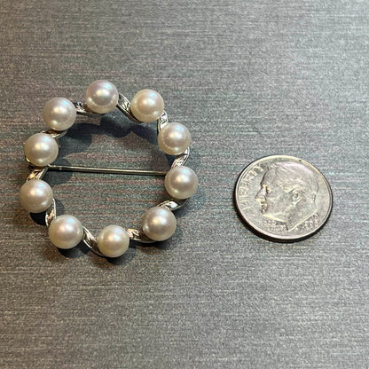 Mikimoto Estate Akoya Pearl Circle Wreath Brooch 1.5" Silver 6 mm M356 - Certified Fine Jewelry