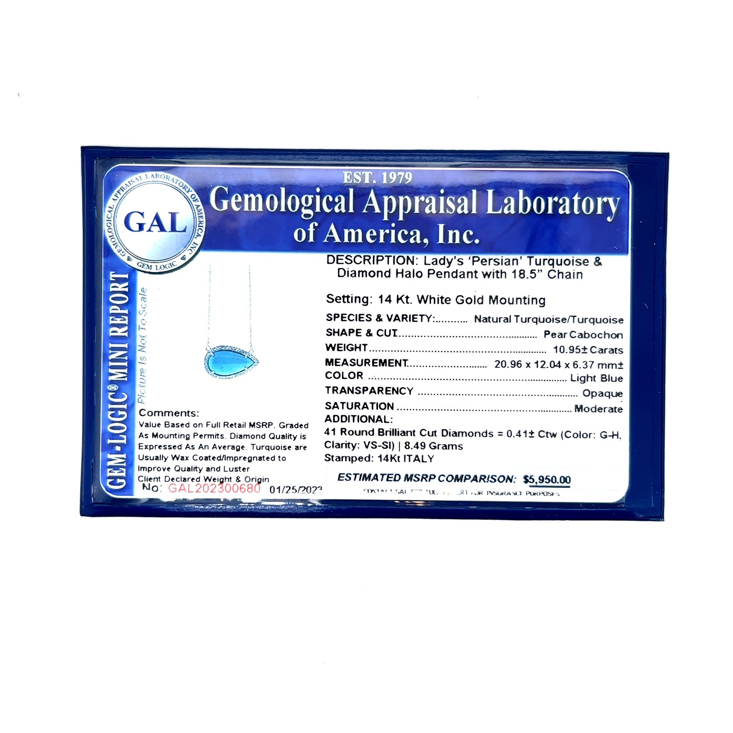 Persian Turquoise Diamond Halo Pendant With Chain 18.5" 14k WG 11.36 TCW Certified $5,950 300680 - Certified Fine Jewelry