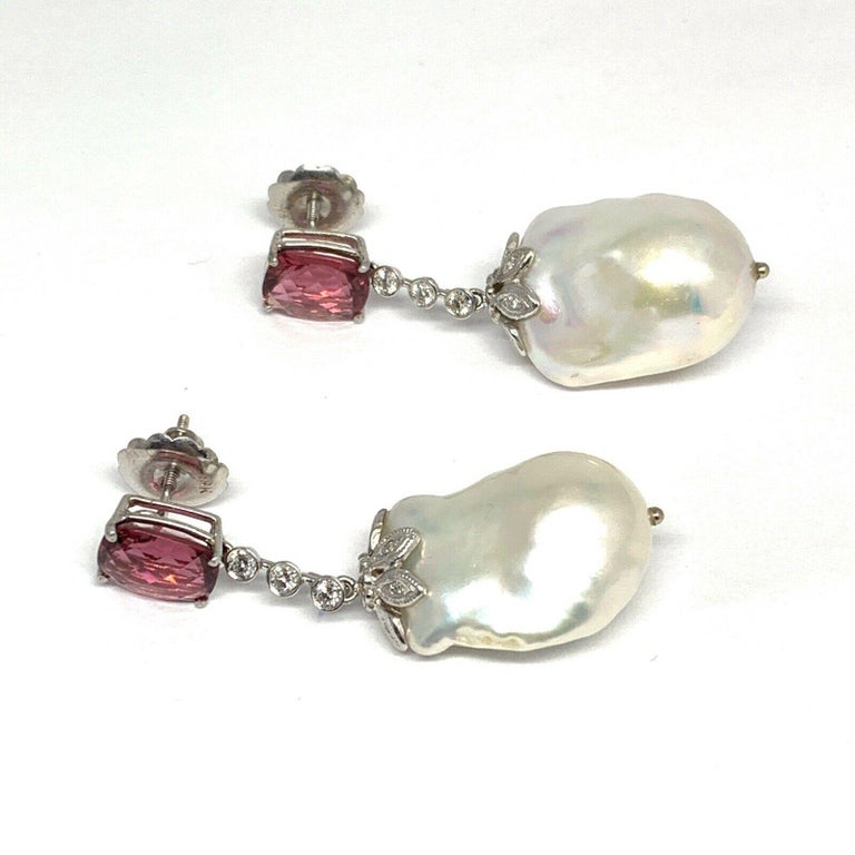 Diamond Rubellite Tourmaline Pearl Earrings 14k Gold 6.25 TCW Certified $4,950 920746 - Certified Fine Jewelry